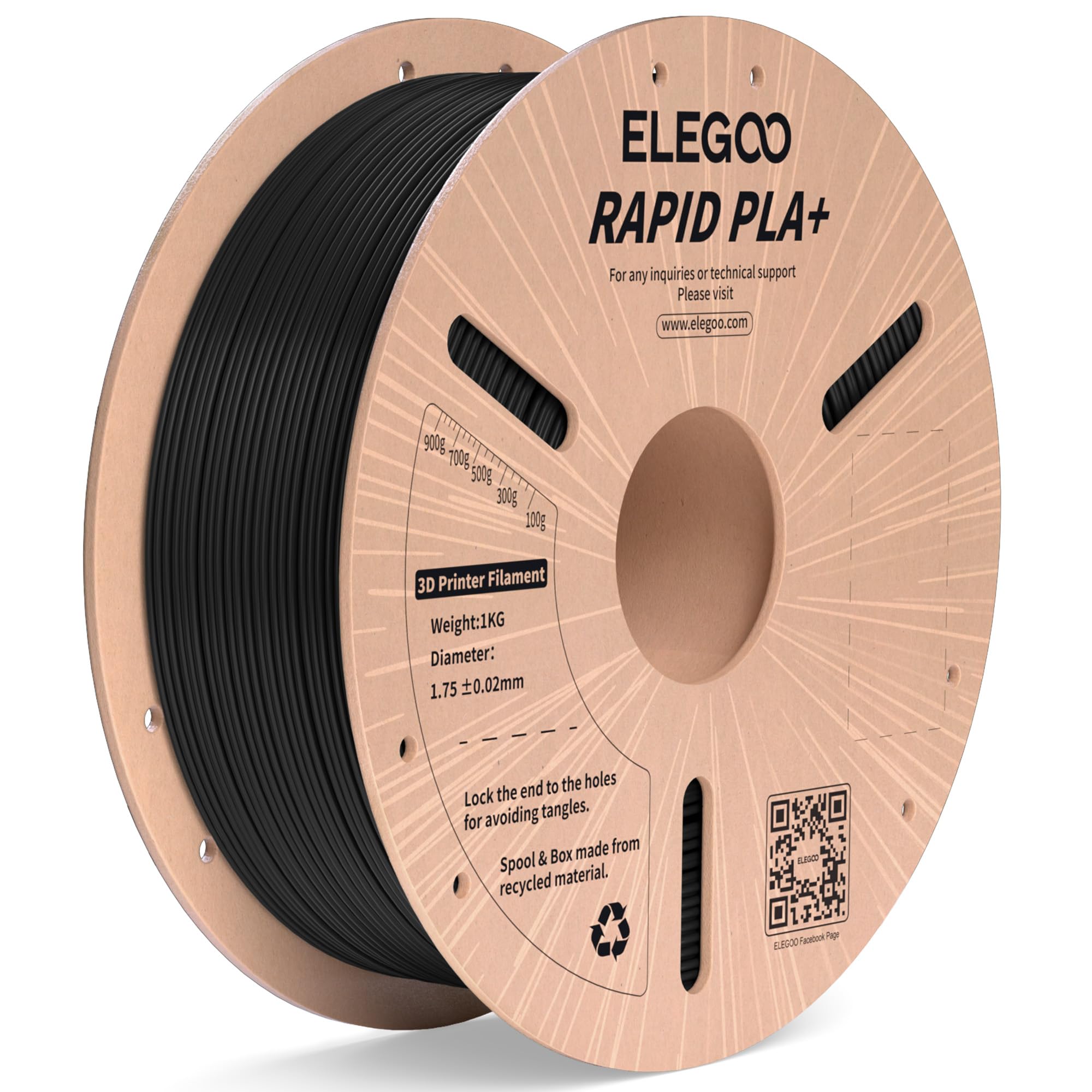 ELEGOO Rapid PLA Plus Filament 1.75mm Black 1KG, PLA+ 3D Printer Filament 30-600 mm/s High Speed Printing, Dimensional Accuracy +/- 0.02 mm, 1kg Cardboard Spool(2.2lbs)