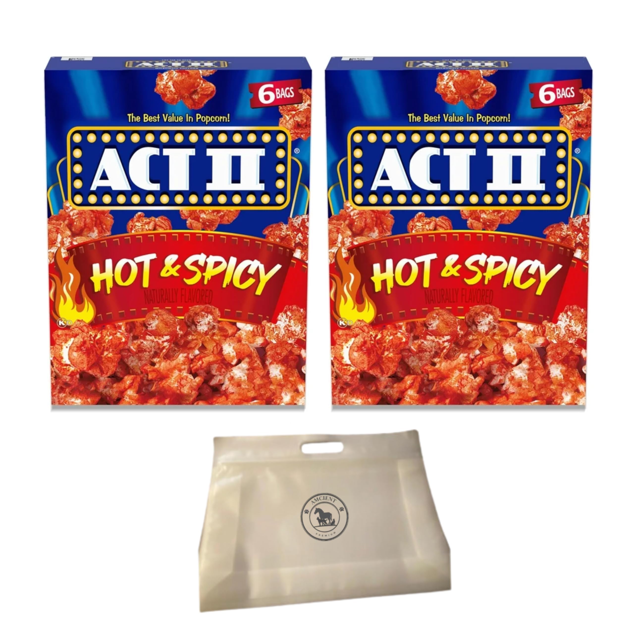 ACT II Hot And Spicy Popcorn - Hot Popcorn 2 X 6 Packs box Bundle With Reusable Snack Pouch By AMCIENT (Pack of 2)