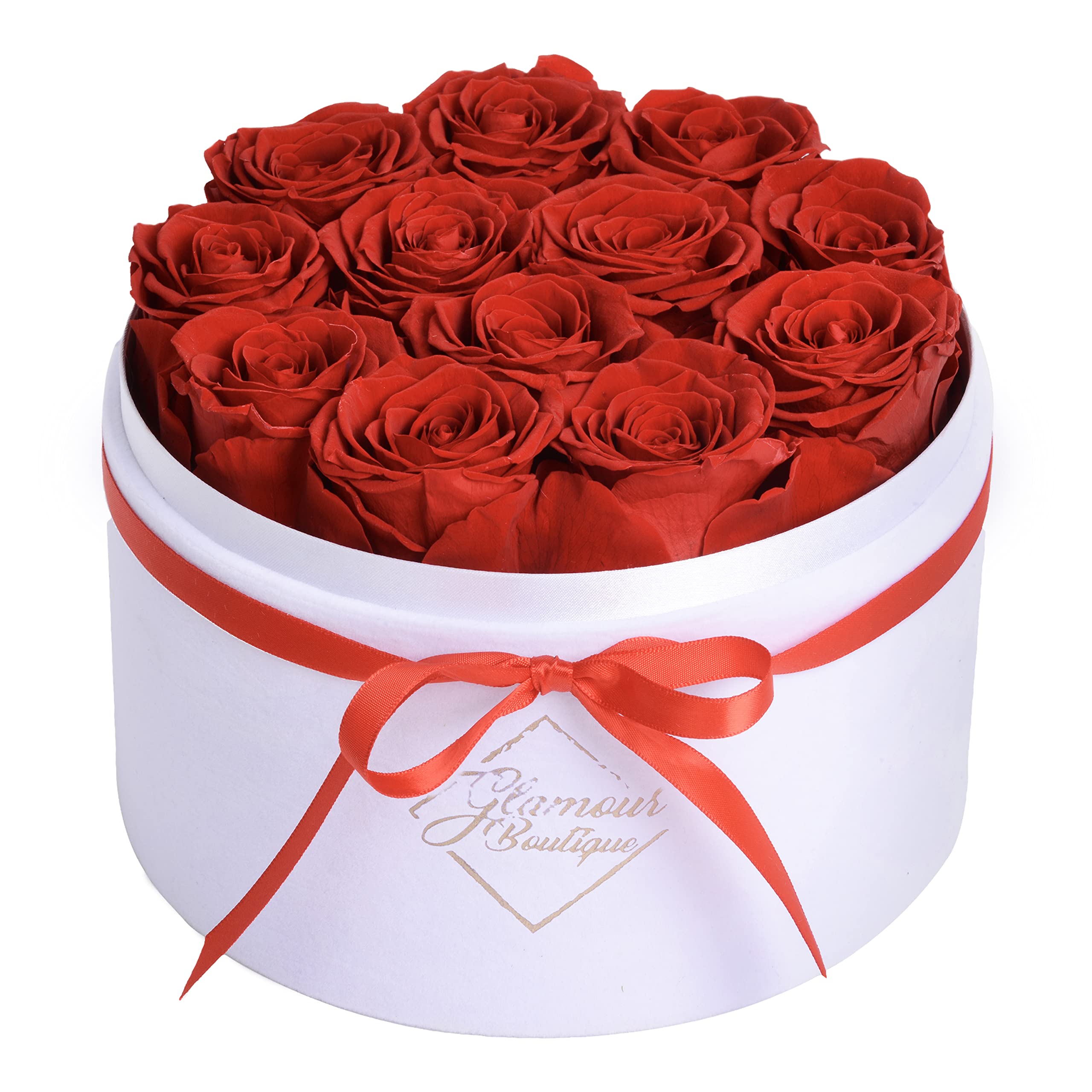 Forever Flower Gift Box: 12 Real Preserved Roses in Velvet White Box, Handmade, Rose Petals, Birthday, Valentines Day,Anniversary, Graduation - Red