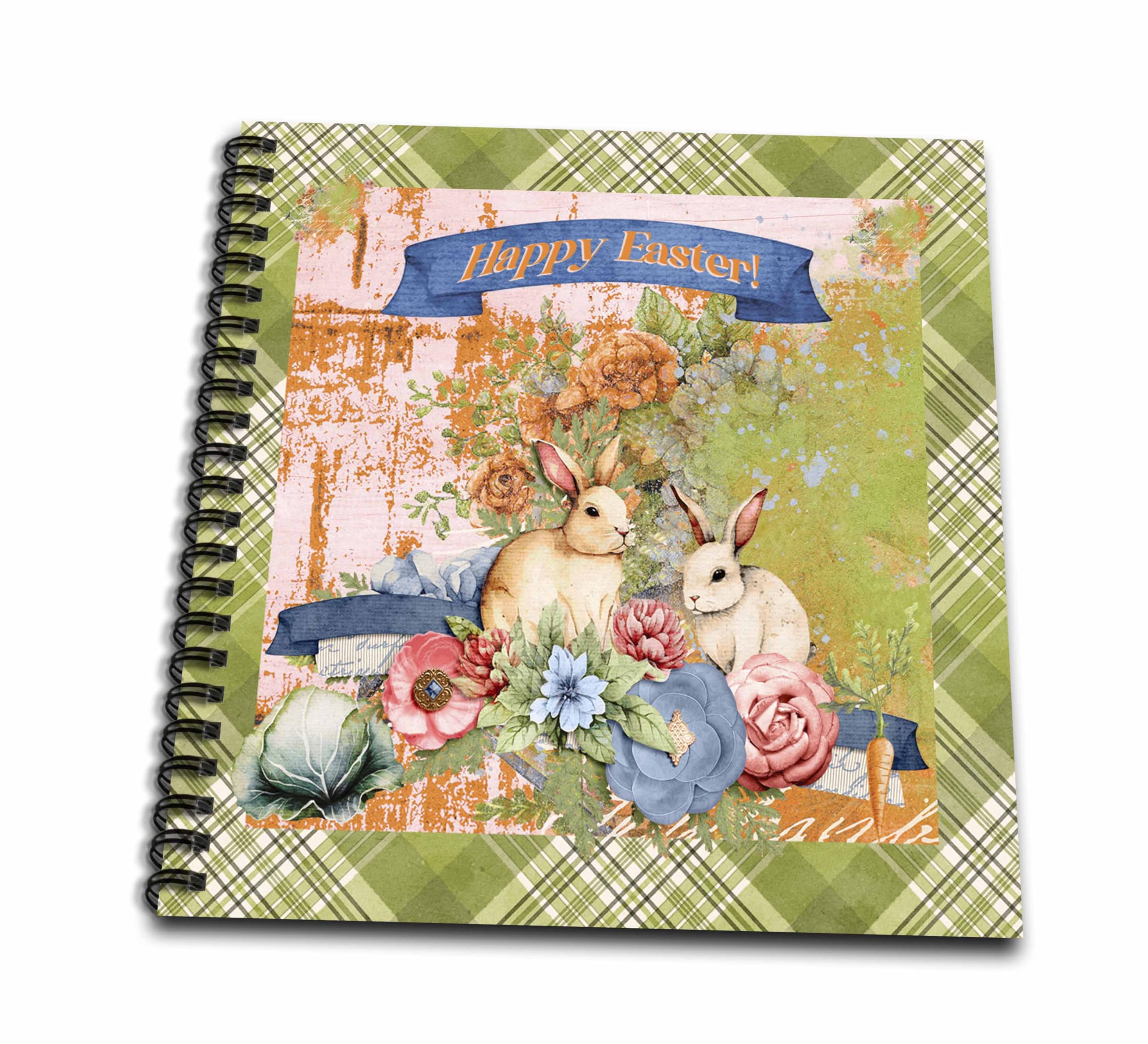 3dRose3dRose Image of Two Easter Bunnies in Flower Garden, Plaid, Happy... - Drawing Books (db-378323-2)