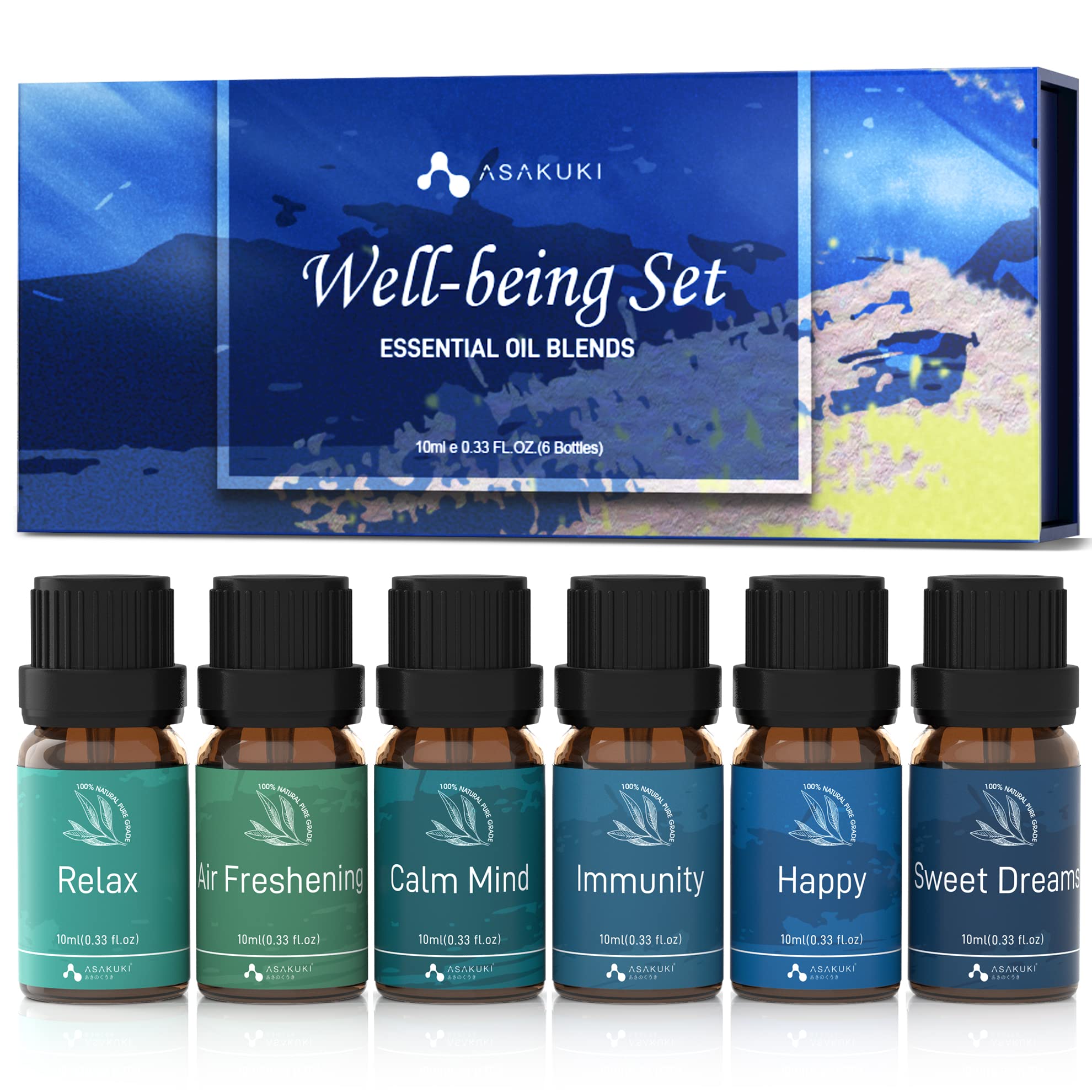 ASAKUKI Essential Oil, Essential Oils Blends Set for Diffusers for Home, Well-Being Gift Kit- Calming, Dreams, Breathe, Relaxing, Mood, Fresh Air Aromatherapy Oils for Humidifiers, 6x10 ml