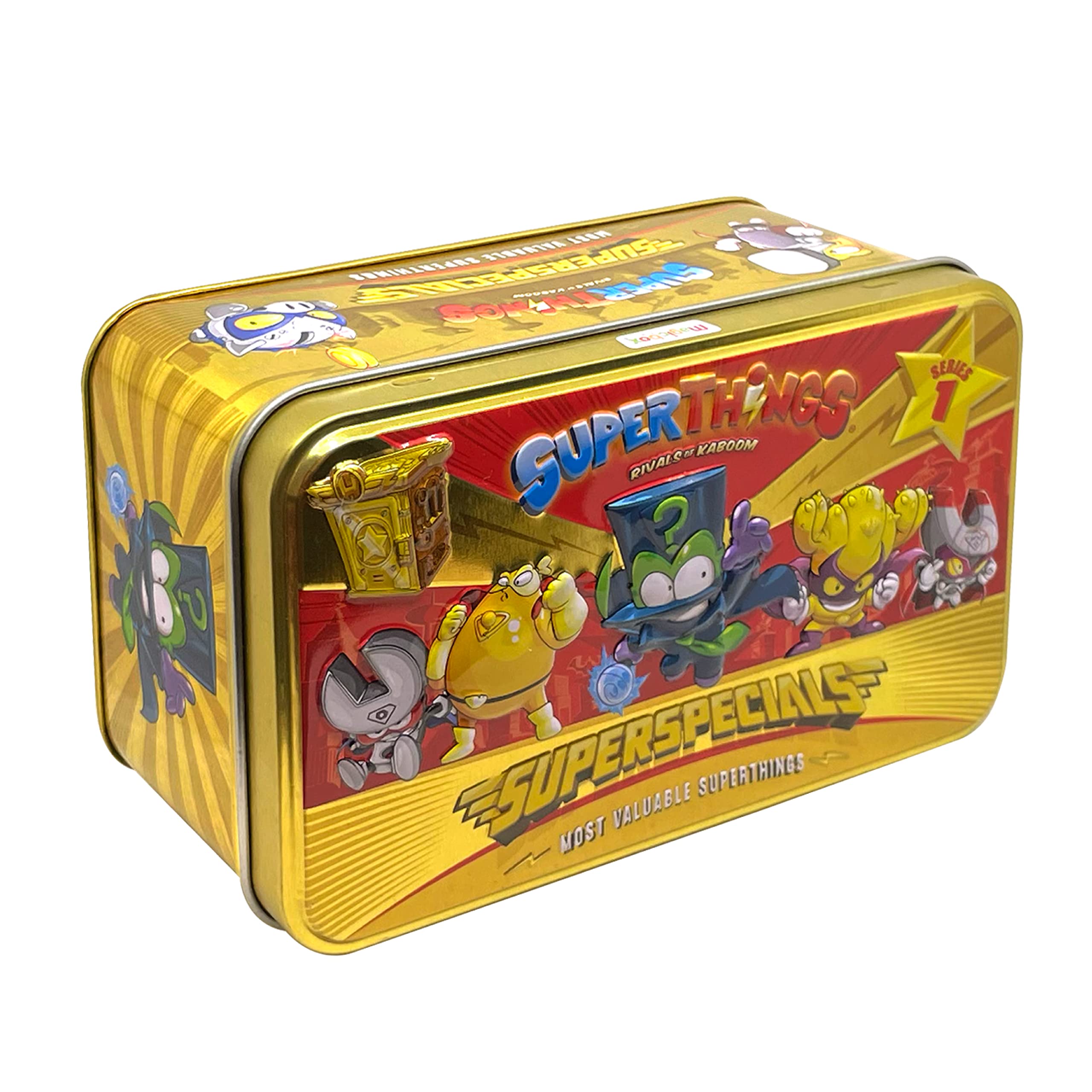 SUPERTHINGS RIVALS OF KABOOM Series 1 Gold Tin – It contains all the special figures from Series 1, including the ultra-rare (Enigma), the 2 gold leaders, the 6 silver captains and the 2 gold hideouts