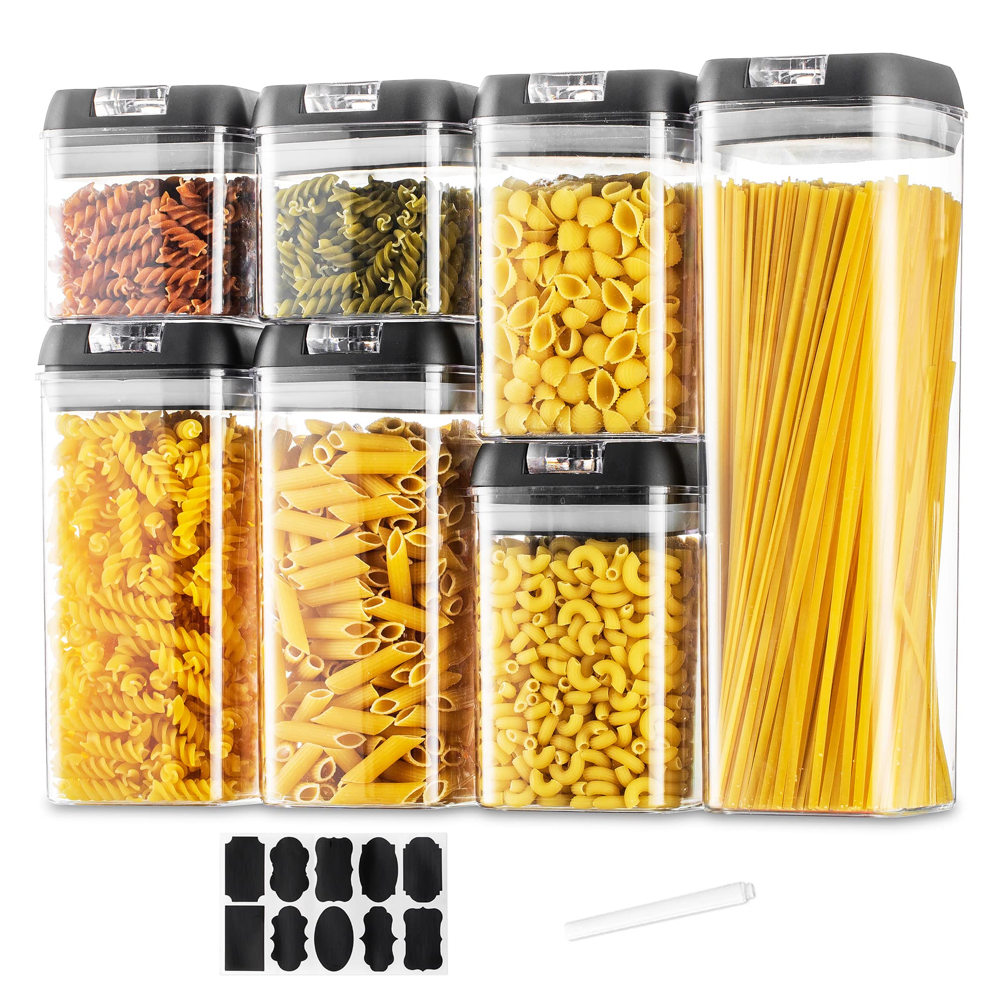 Pasta Food Storage Containers Kitchen: 7Pcs Airtight Cereal Storage Jars Plastic Spaghetti Boxes Set with Black Easy Lock Lids Stackable Clear Canisters for Flour Rice Bpa Free Pantry Organiser