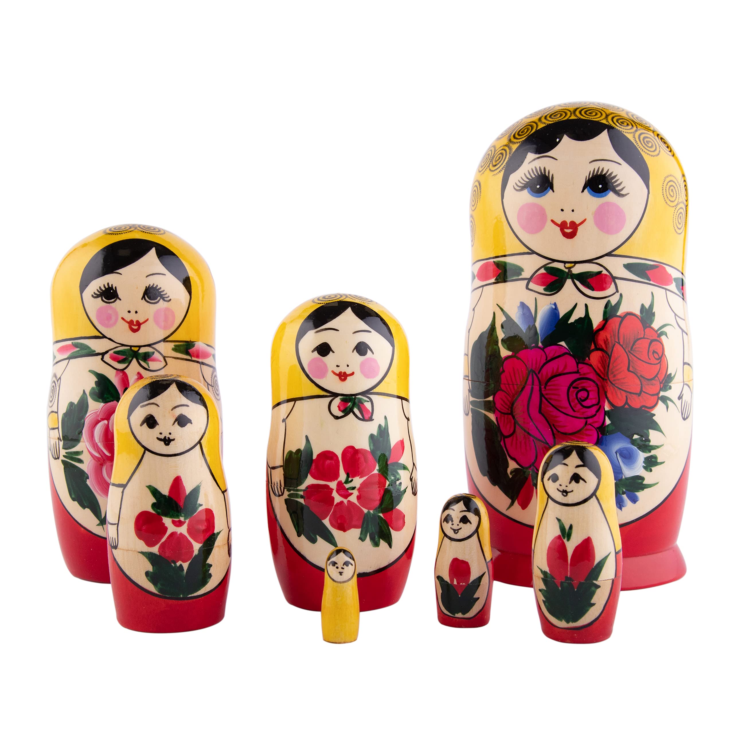 Heka Naturals Semyonov Yellow Nesting Dolls | All Natural Wooden Matryoshka Doll Set of 7 (7 Inch) - Traditional Babushka Home Decor, Wooden Stacking Dolls, Vintage Handmade Shape