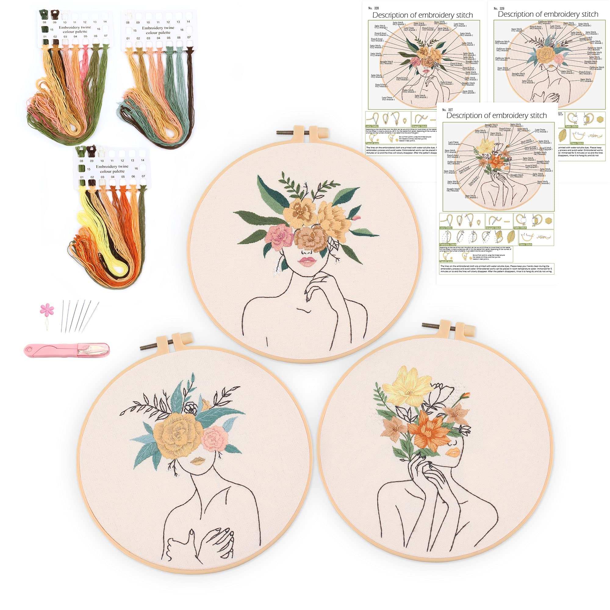 KASTWAVE Embroidery Kit, 3-Piece Beginner Cross Stitch Kit with Pattern and Instructions, Floral Botanical Print Embroidery Cloth, Colorful Thread and Embroidery Kit Embroidery Hoops