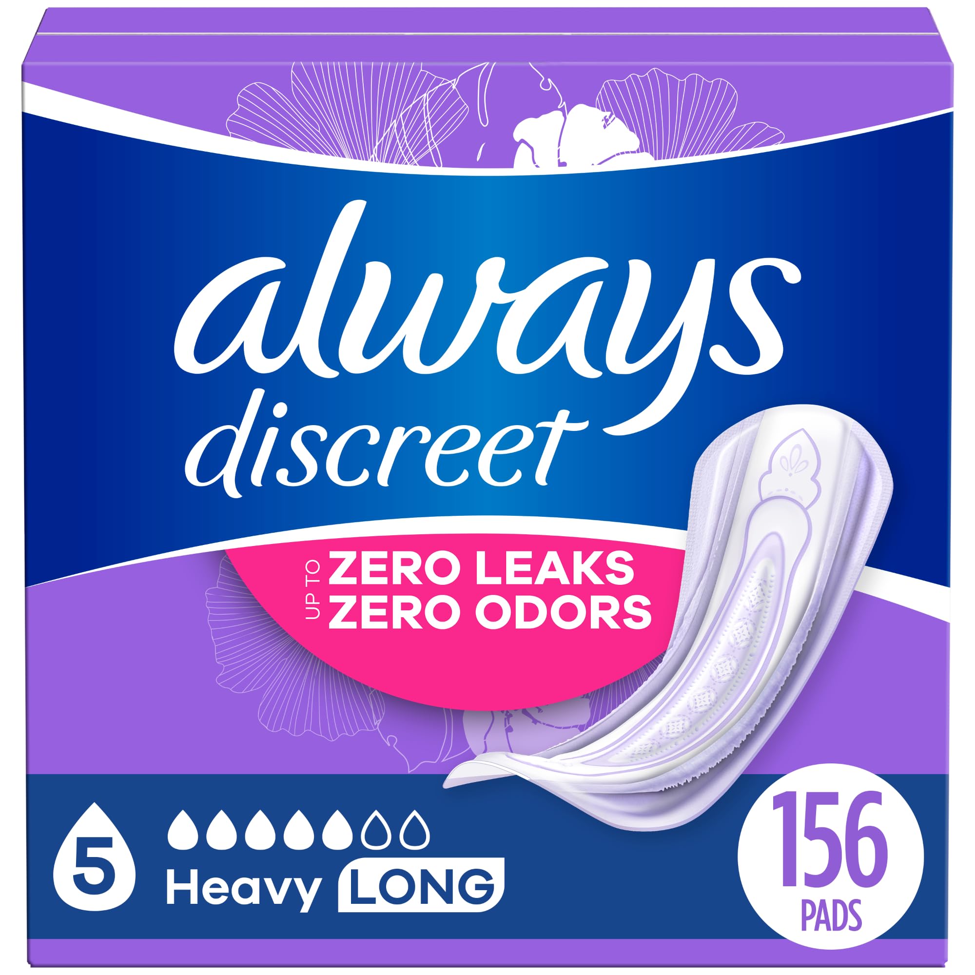 Always Discreet Adult Incontinence Pads for Women, Heavy Absorbency, Long Length, Postpartum Pads, 156 CT