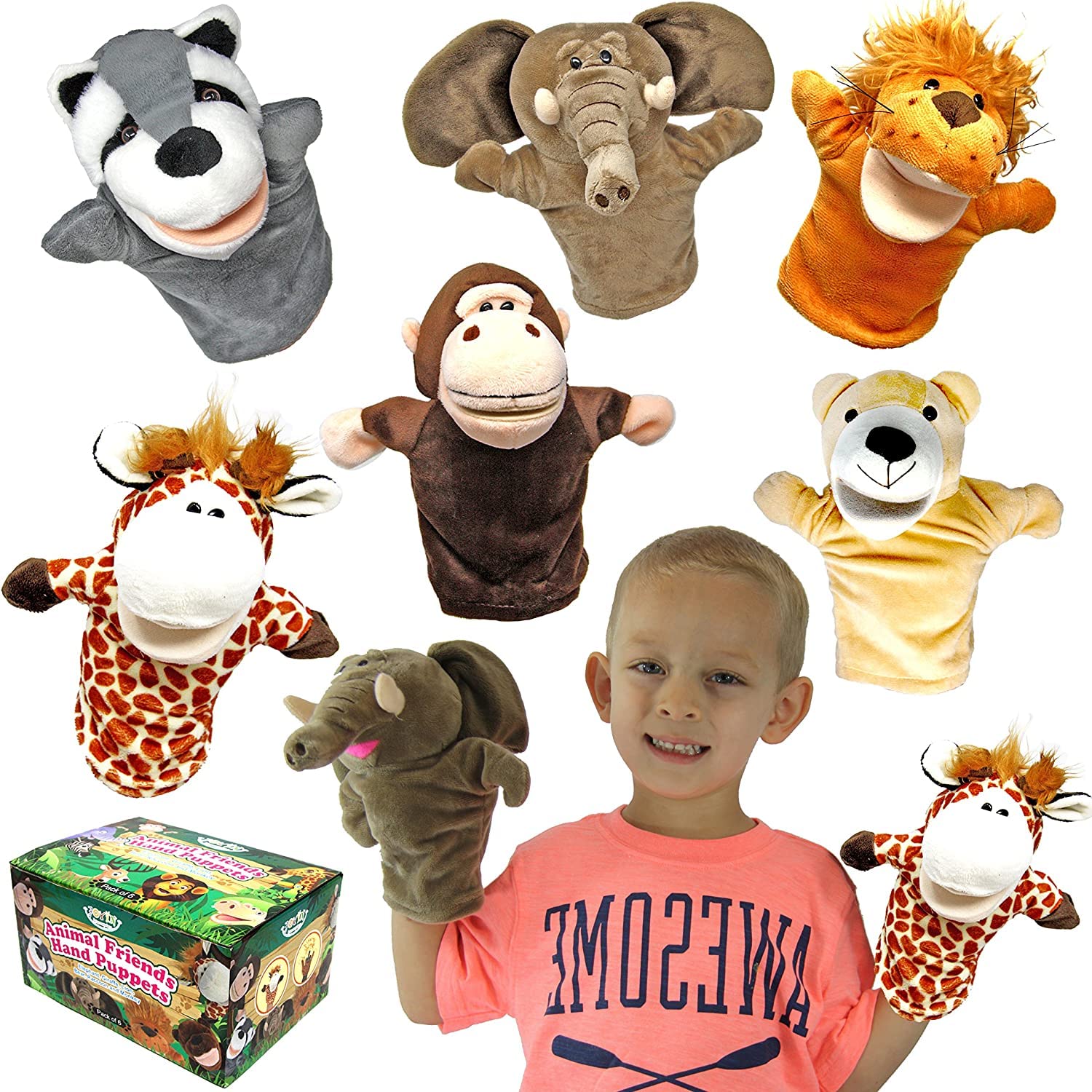 JOYIN Animal Friends Deluxe Kids Hand Puppets with Working Mouth (Pack of 6) for Imaginative Play, Show Theater, Easter/Birthday Party Supplies