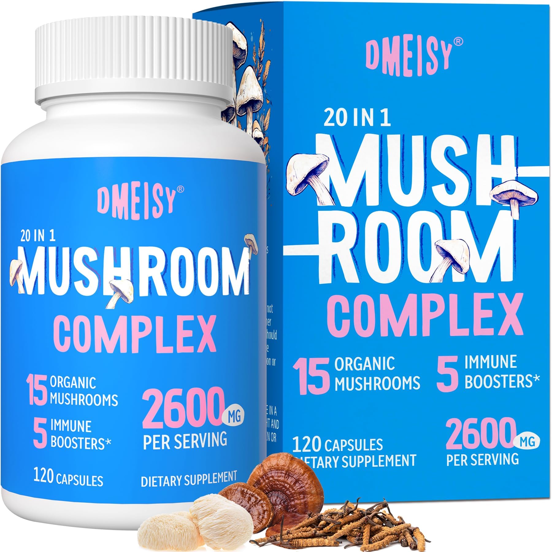 Mushroom Supplement 2600mg, 20-in-1 Mushroom Complex, with Lions Mane, Cordyceps, Reishi, Turkey Tail, Chaga - Brain Supplements for Memory and Focus, Memory Supplements, Mood, Immunity, 120 Capsule