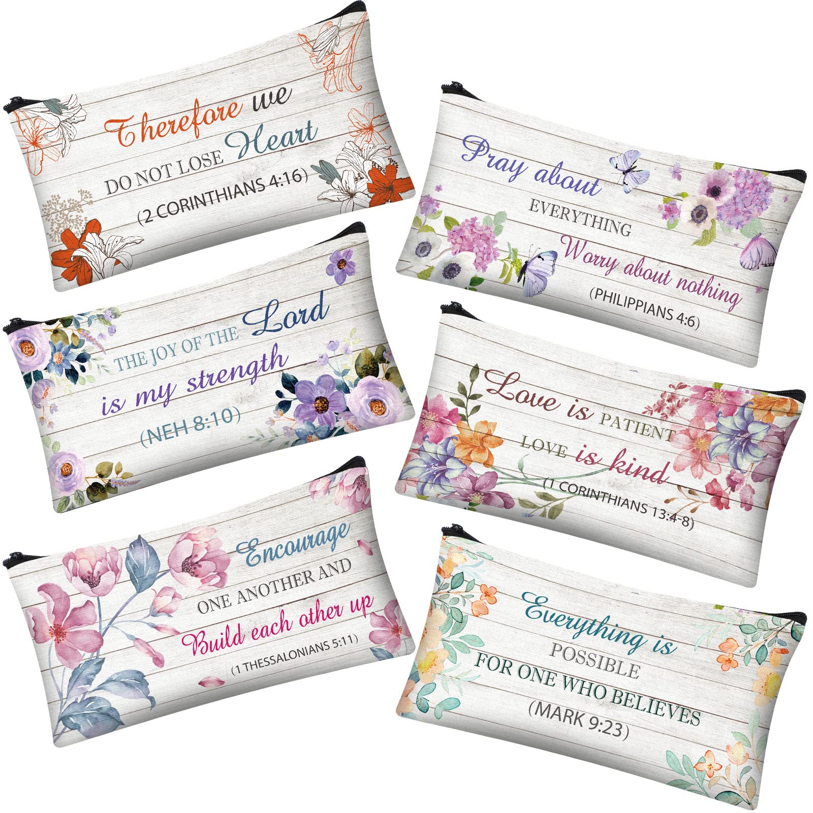 Bible Verse Pencil Pouch Faith Journals for Women, Rustic Floral Patterned Inspirational Quote Bible Pencil Case Bible Study Supplies Makeup Bags for Women, 6 Pieces(Beautiful Style,7.7 x 4 Inch)