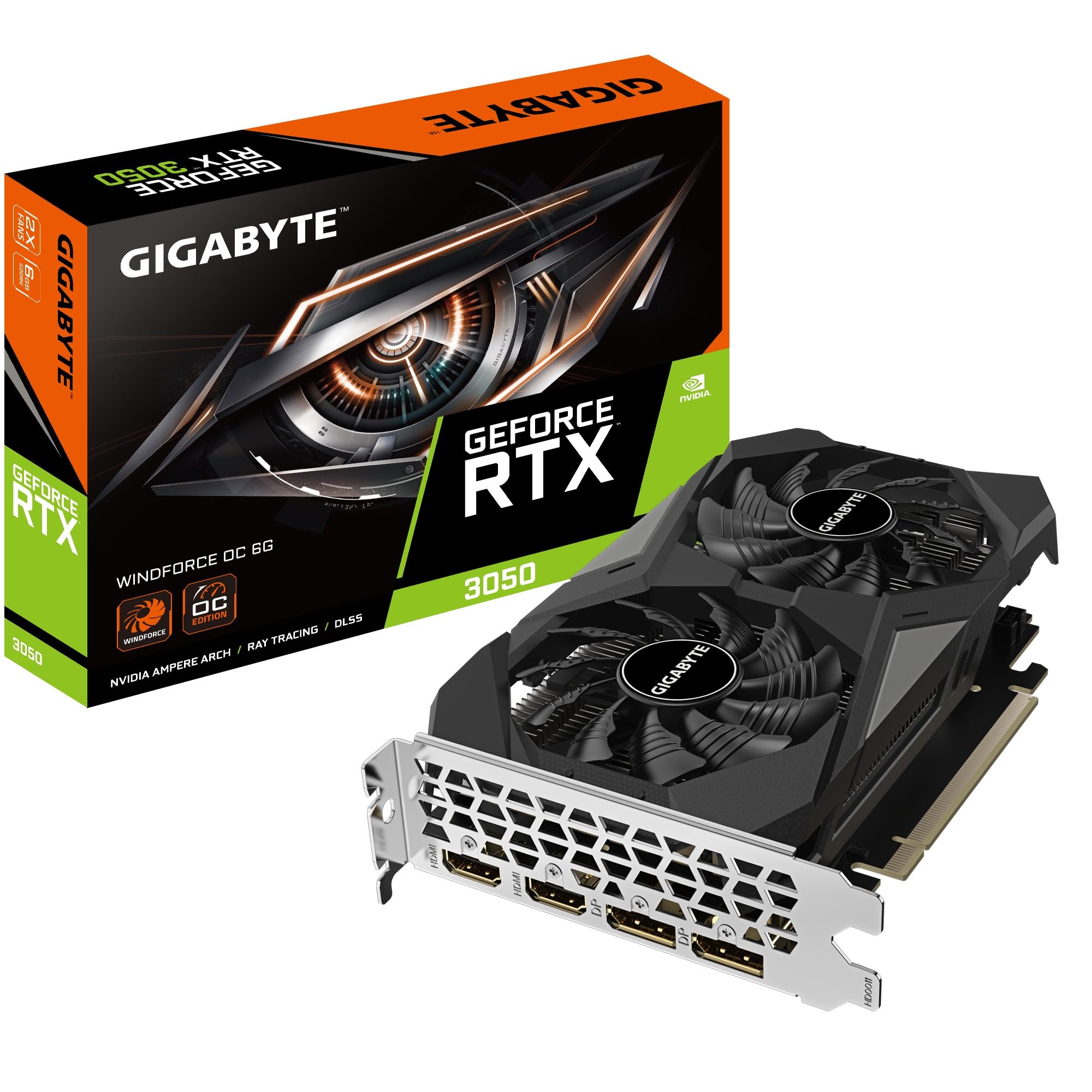 Gigabyte NVIDIA GeForce RTX 3050 WINDFORCE OC Graphics Card - 6GB GDDR6, 96-bit, PCI-E 4.0, 1470MHz Core Clock, 2x DP 1.4, 2x HDMI 2.1, NVIDIA Ampere - GV-N3050WF2OC-6GD