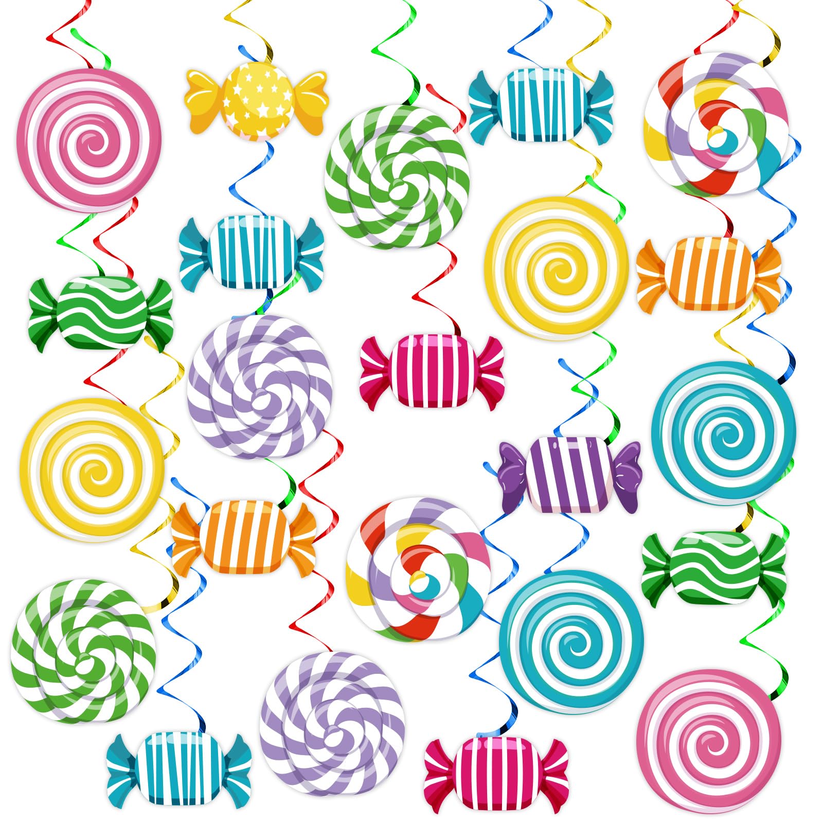 Qyeahkj48pcs Candyland Birthday Party Swirls Decorations Merry Christmas Colorful Candy Land Hanging Streamers Wall Ceiling Hanging Spirals Lollipop Candy Party Decors Supplies for Baby Shower