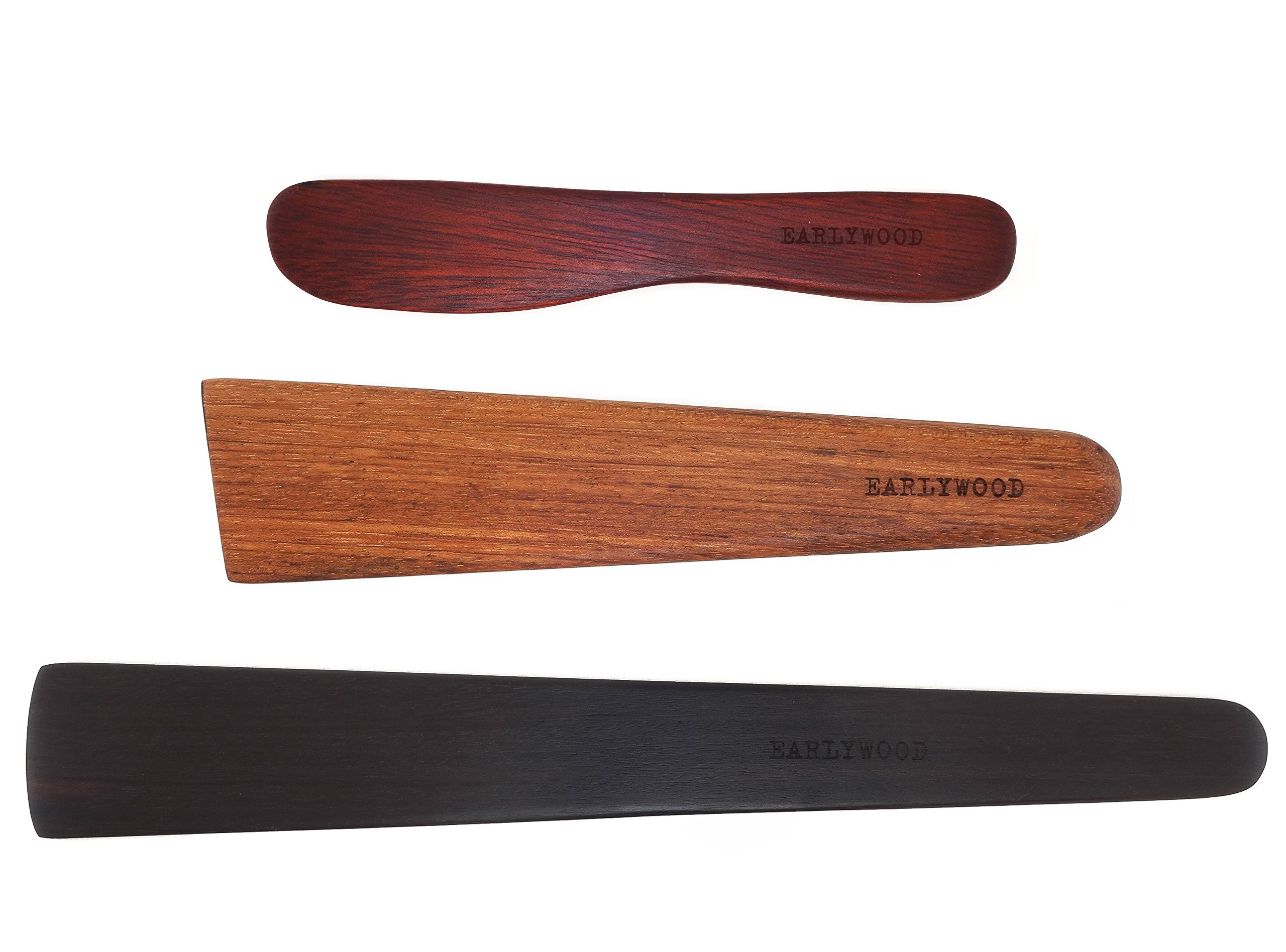 3-Piece Wooden Kitchen Cooking Utensil Set - Comes w/a Thin Wood Spatula Flipper, Wooden Cast Iron Scraper Stirrer and Butter Turner/Cheese Spreader - Wooden Utensils Set - Made in USA Multi TRI-EJB