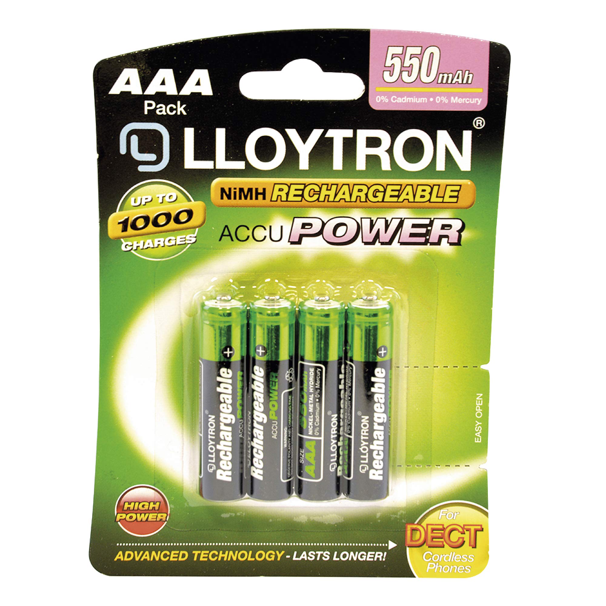 LLOYTRON NiMH Rechargeable AccuPower Batteries / AAA Size / 550mAh / 4 Pack - B014