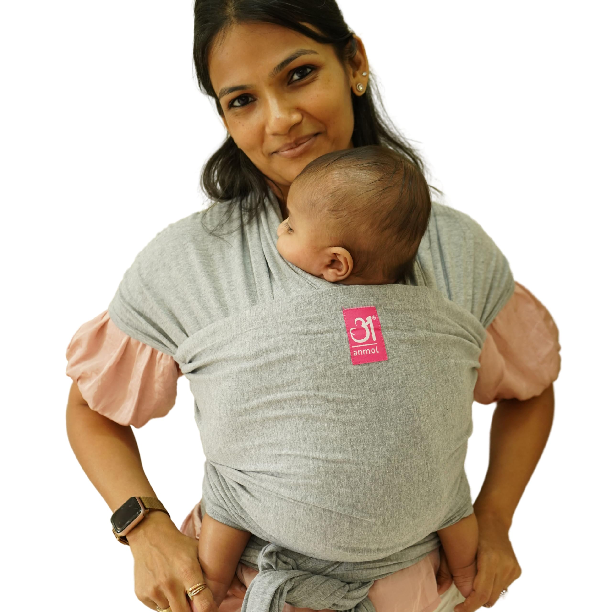 A anmolBaby Carrier Ergonomic Hybrid Wrap - 100% Cotton, Hands Free Carrier with Ergonomic M Position for Hiking Shopping Travelling Newborn to Toddler - 0 Day to 24 Months (Grey Full Stretch)