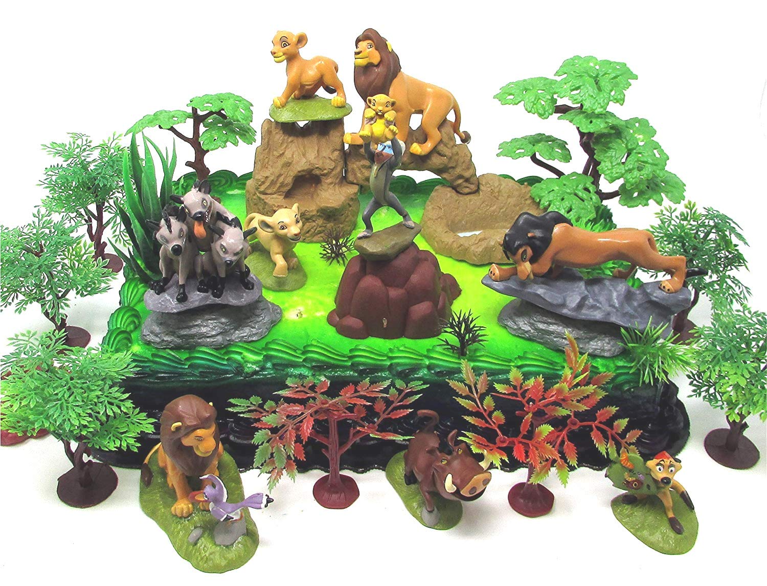 Lion King Birthday Cake Topper Set Featuring Mufassa, Zazu, Pumbaa, Scar, Timon, Nala, Simba and Decorative Rocks, Safari Grass, and Tree of Life Themed Pieces