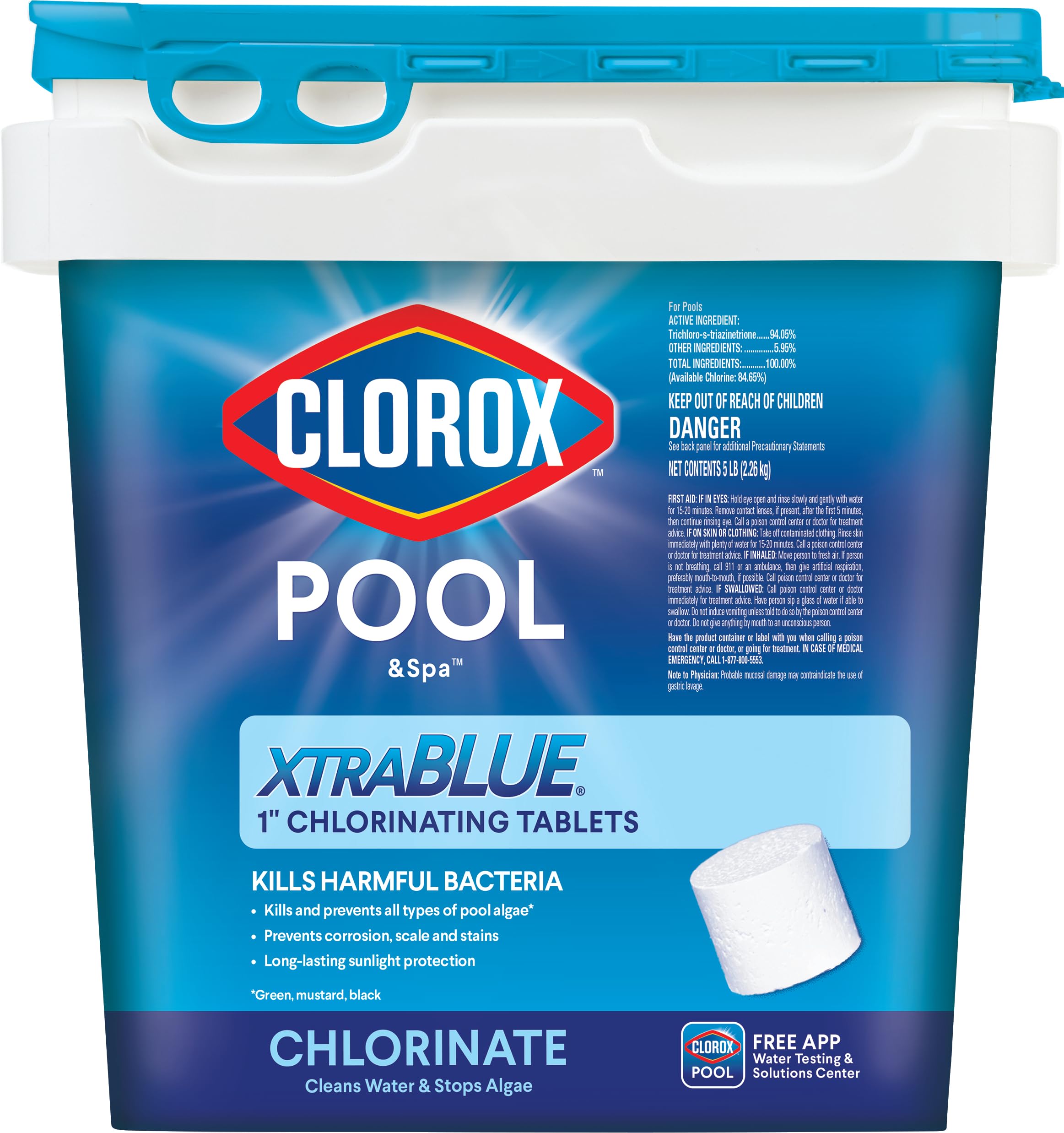 Clorox® Pool&Spa™ XtraBlue 1” Swimming Pool Chlorinating Tablets, Kills Bacteria & Stops Algae, Perfect for Small Pools (5 LB)