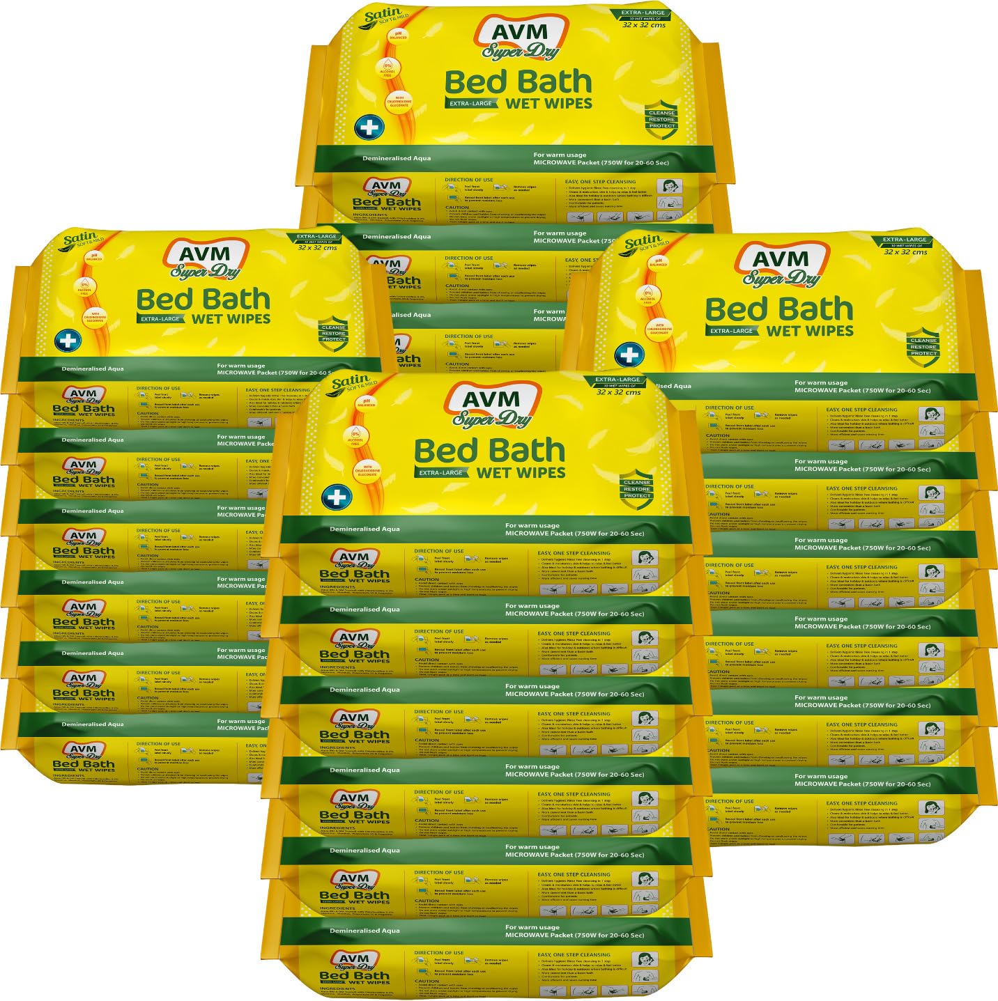 AVM Super Dry Bed Bath Wet Wipes Extra Large (32 * 32 cm) 10 Pcs/Pack | Pack of 12P - 120Pieces Soft and Hygiene/Refreshing Sponge Bath/Skin-Friendly.