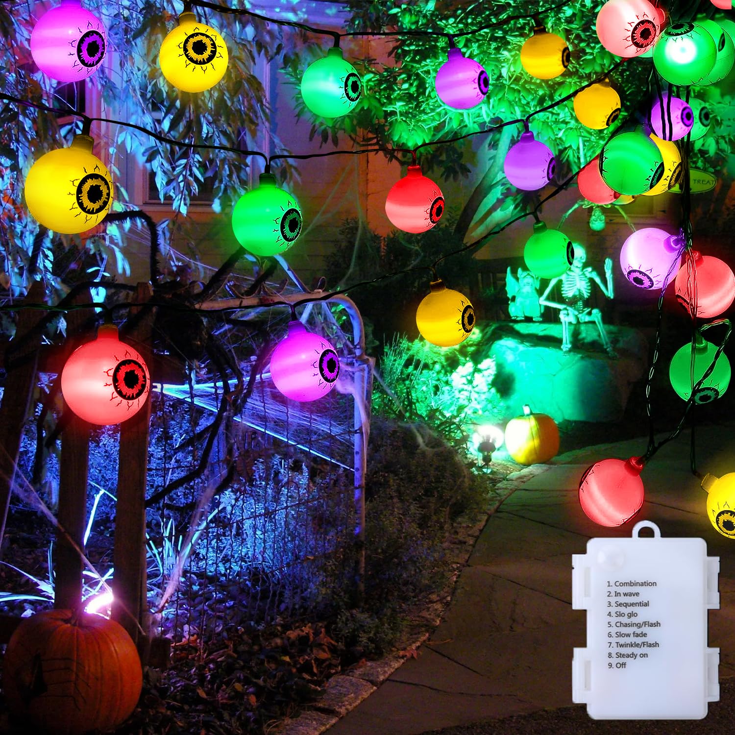 COLORCASA 30 Pcs LED Halloween Eyeball String Lights- 16.4FT Battery Operated 8 Modes Flash Halloween String Lights for House, Garden, Yard, Window, Porch and Halloween Party Decor (Multi-Colored)