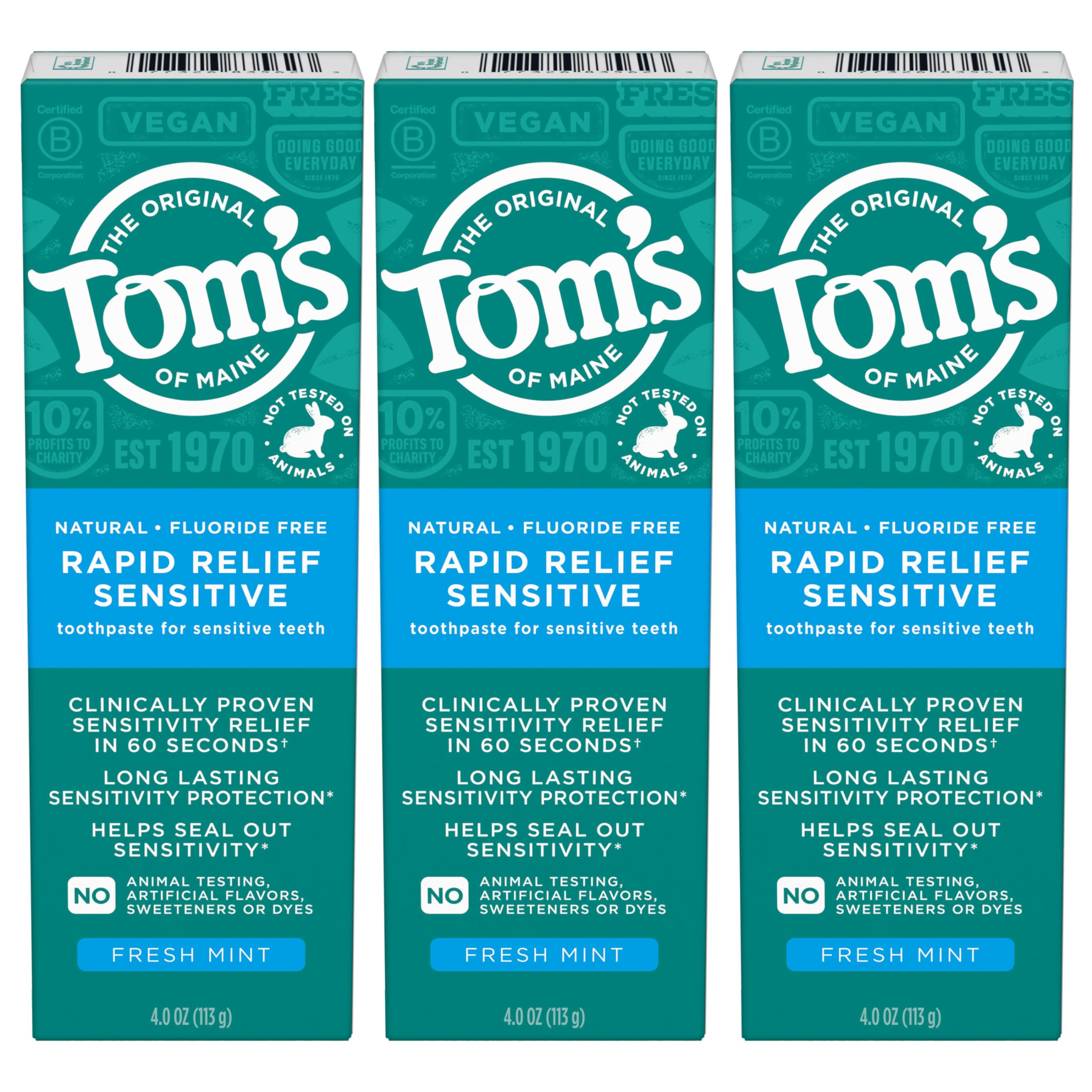 Tom's of Maine Fluoride Free Rapid Relief Sensitive Toothpaste, Fresh Mint, 4 oz. 3 Pack, 4 Ounce (Pack of 3)