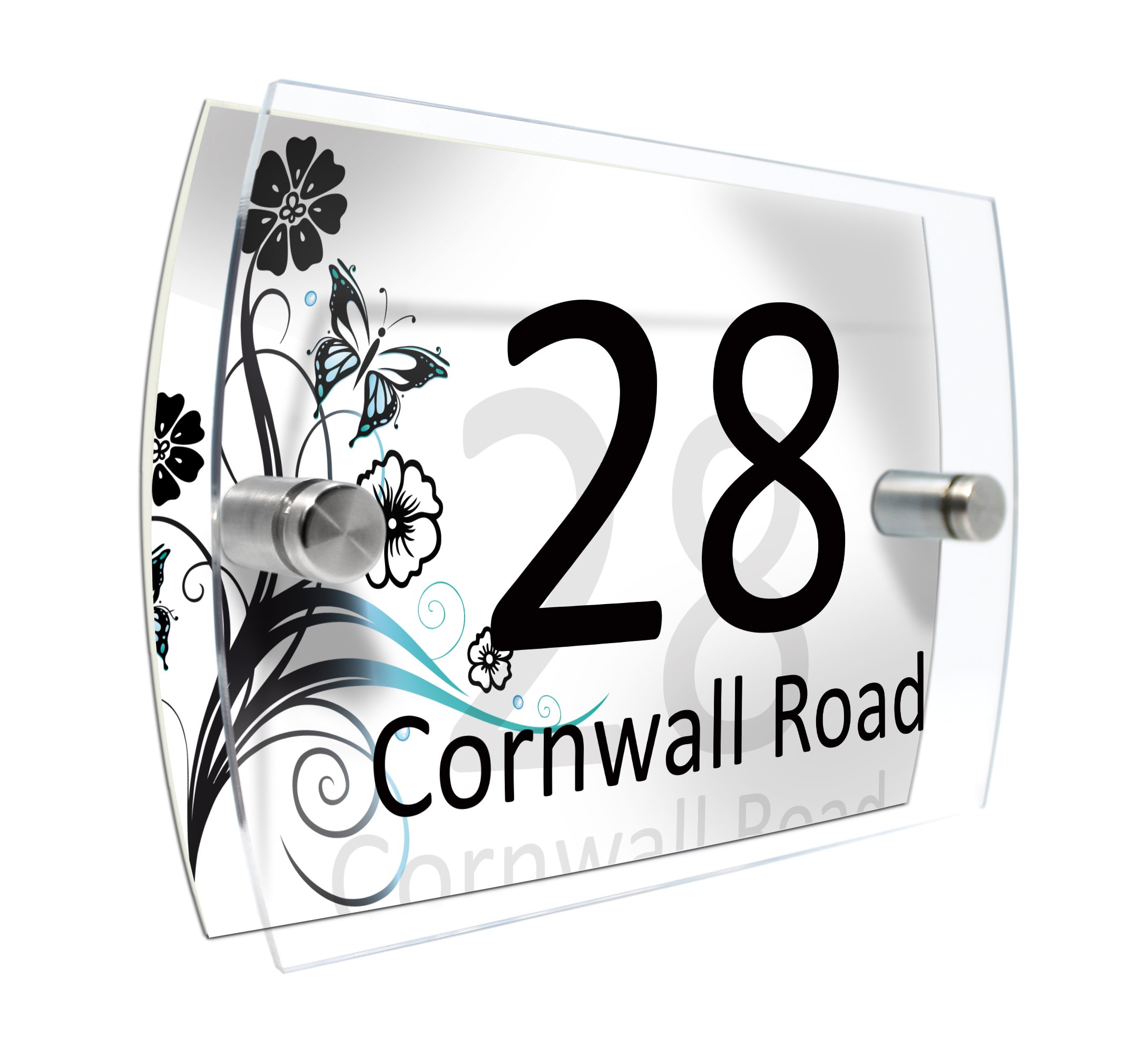 Personalised House Number Sign Printed Plaque Garden Glass Effect Acrylic Sign Door Plate Marble Wall Display 2 Part Branded Acrylic (Colourful summer flowers in blue and black)