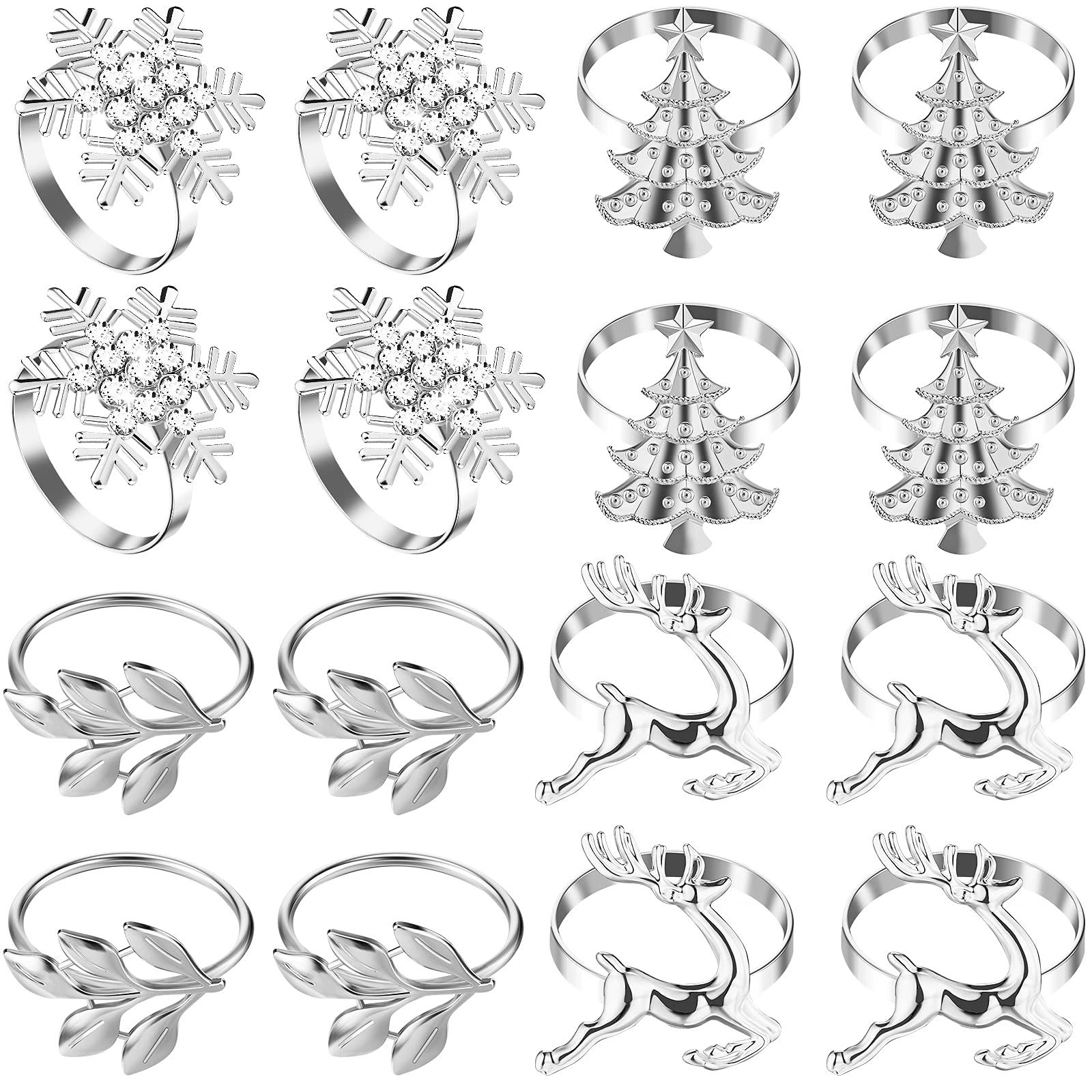 Geiserailie 16 Pieces Silver Christmas Napkin Rings Snowflake Napkin Rings Decor Christmas Deer Napkin Holders Christmas Tree and Leaves Table Rings Decor for Xmas Family Gathering Party