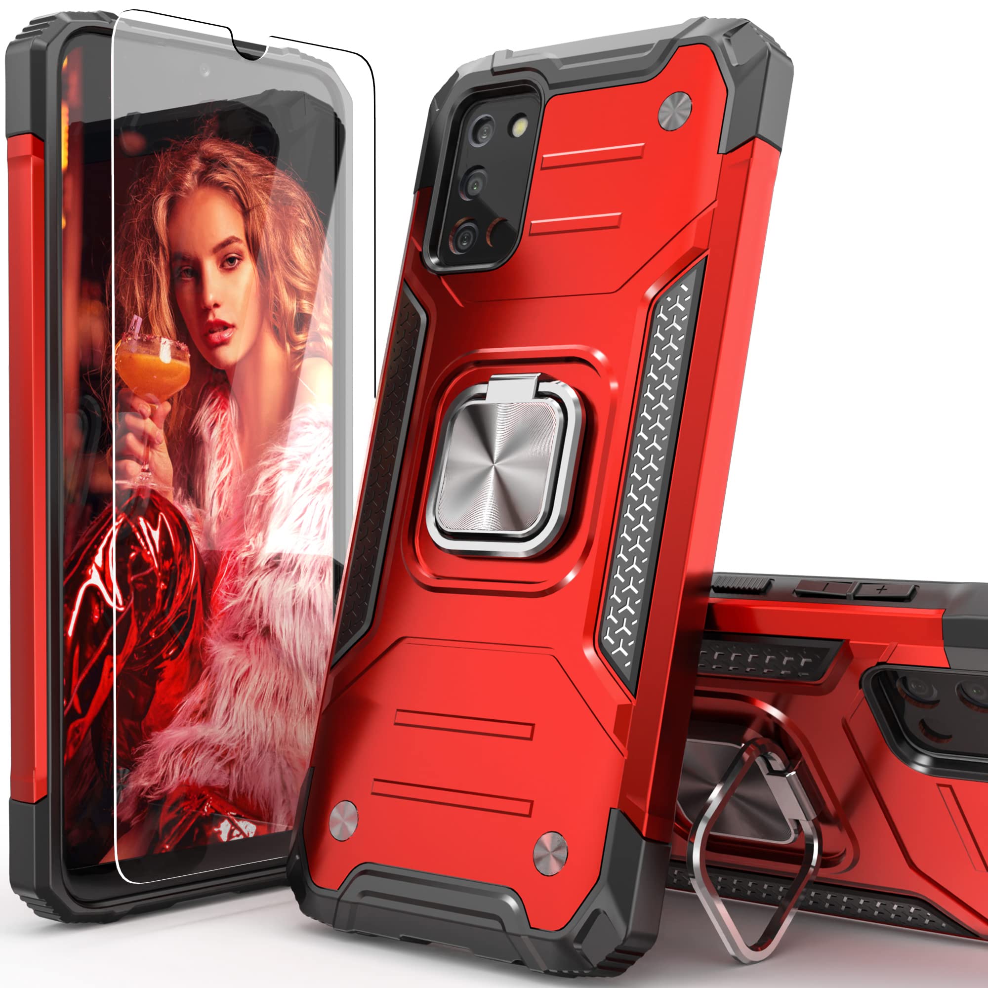 IDYStar Compatible with Galaxy A02S Case with Tempered Glass Screen Protector, Hybrid Drop Test Cover with Car Mount Kickstand Slim Fit Protective Phone Cover for Galaxy A02S, Red