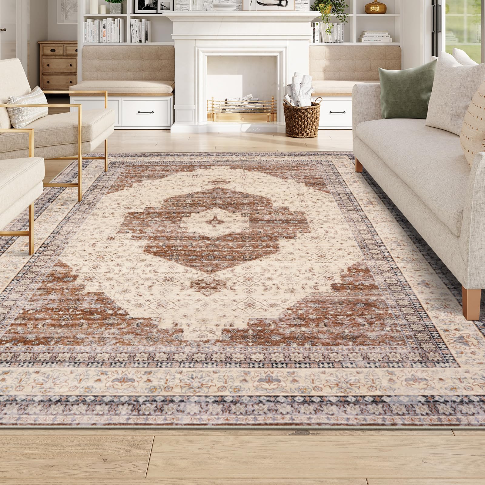 LIVEBOXOriental Living Room Rugs 8x10, Terracotta Washable Area Rugs 8x10, Non-Slip Large Dining Room Rugs for Under Table Low Pile Boho Indoor Floor Carpet Accent Rug for Bedroom Office