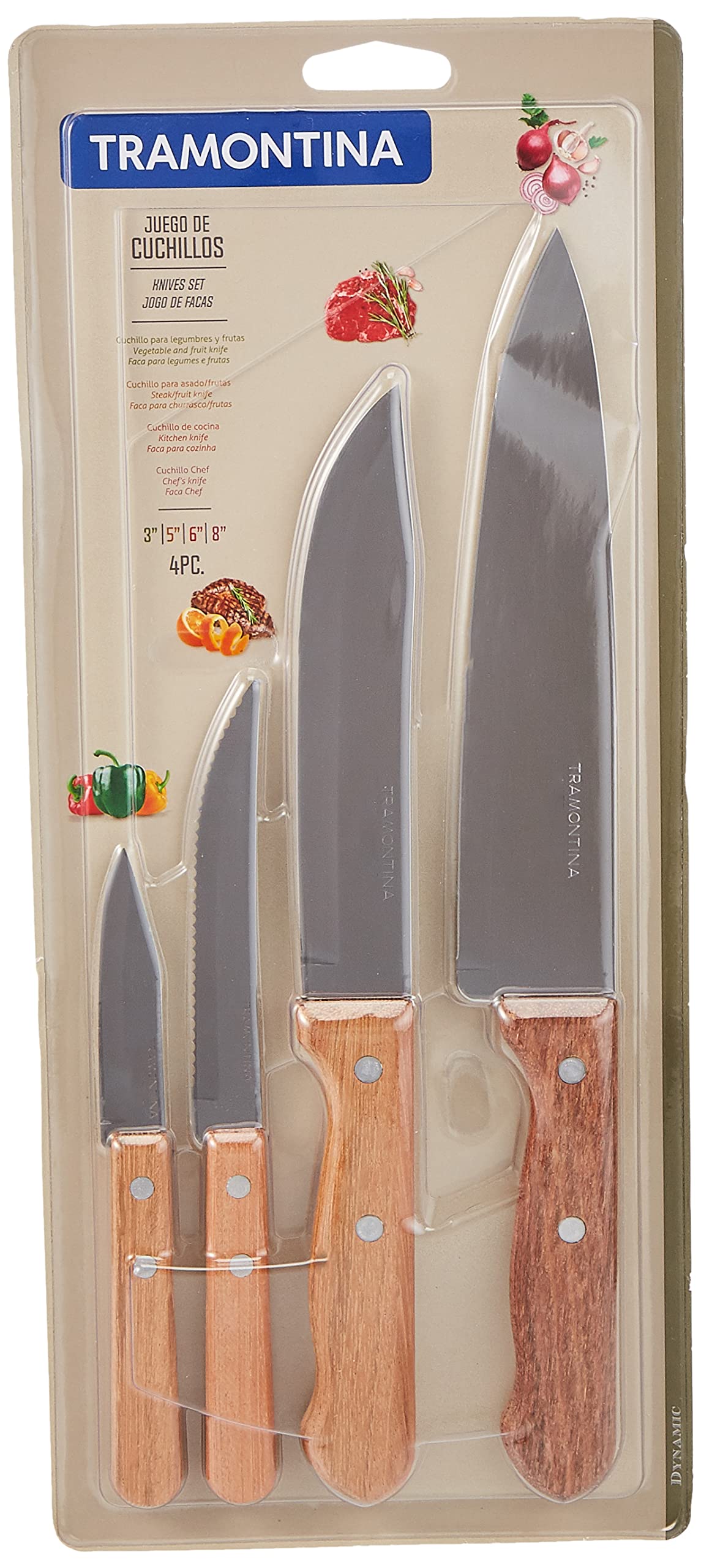 Tramontina 4 Piece Knives Set - Stainless Steel Professional Chef Knives set with Plywood handles.