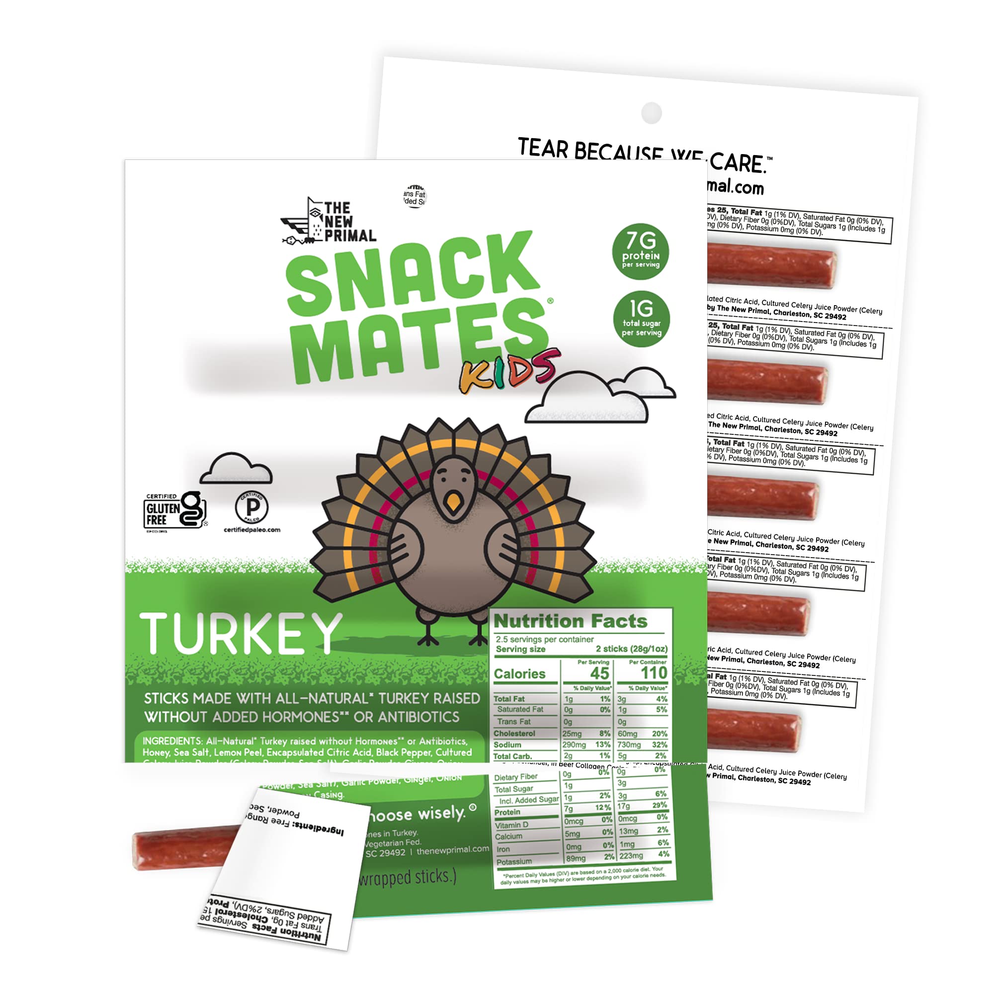 The New Primal Snack Mates Turkey Sticks, Gluten Free Healthy Snacks for Kids, Low Sugar High Protein Back to School Snacks, Mini Paleo Jerky Meat Stick, 7g Protein, 45 Calories, 10 Pack