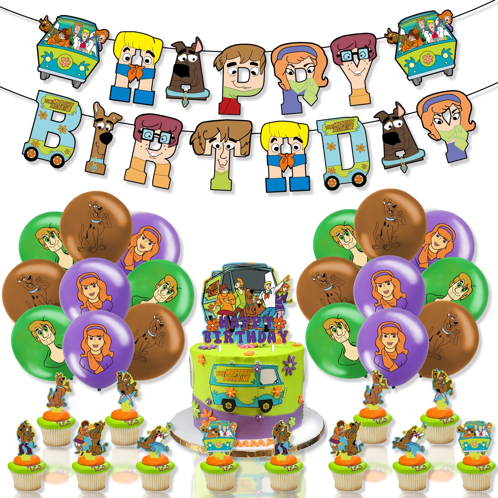 32 Pcs Scooby Doo Birthday Decorations,Wopin- Scooby Doo Party Decorations,Scooby Doo Party Supplies Include Scooby Doo Cake Topper,Cupcake Topper,Balloons and Banner