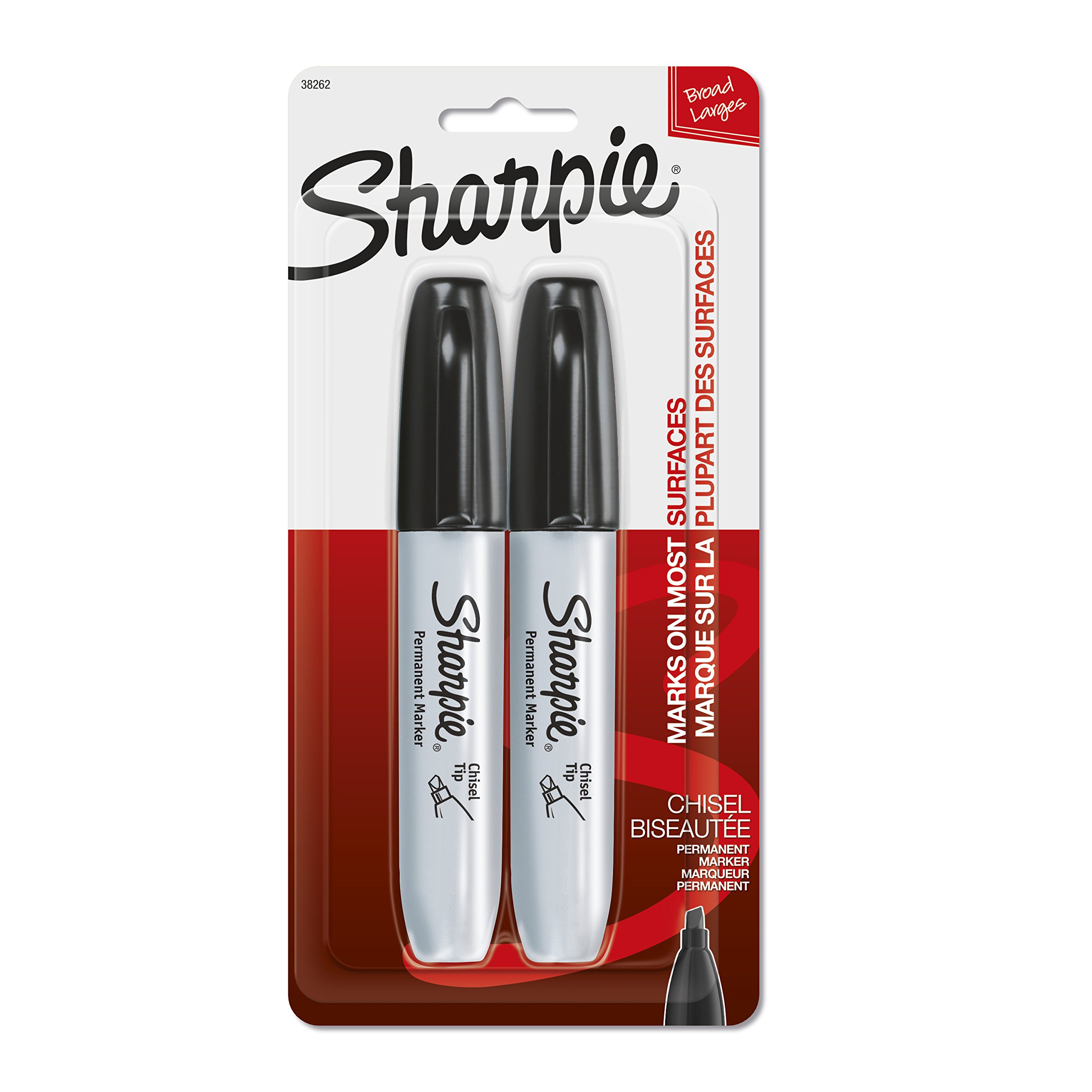 Sharpie 38262PP Permanent Marker Chisel Tip, Blister Pack with 2 Markers, Black Color - Marks On Paper, Plastic, Metal, and Most Other Surfaces - Ink Dries Quickly and Resists Both Fading and Water