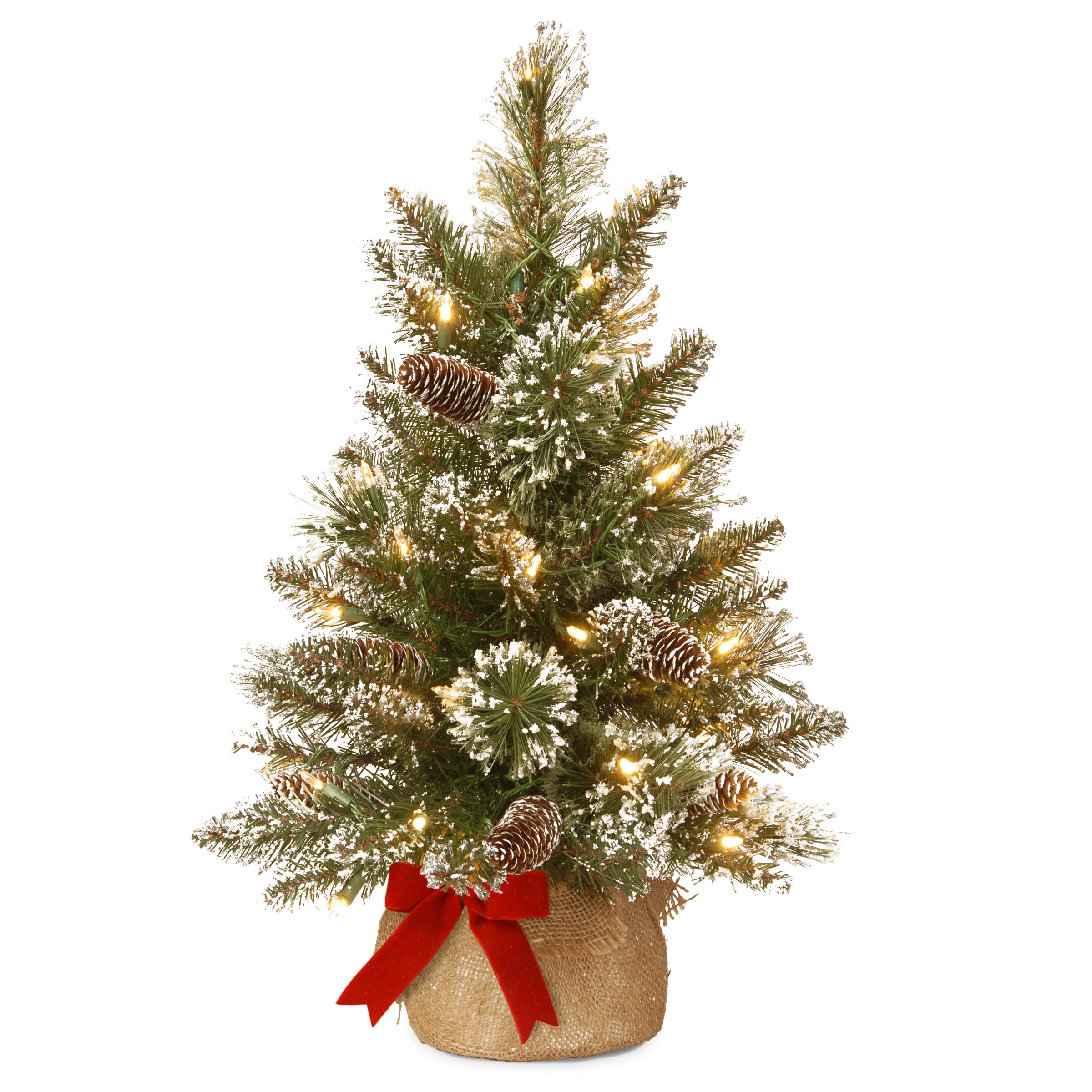 National Tree Company Pre-lit Artificial Mini Christmas Tree | Includes Small LED Lights, White Tipped, Glitter Branches Cones and Cloth Bag Base | Glittery Bristle Pine-2, 2 Foot, Green