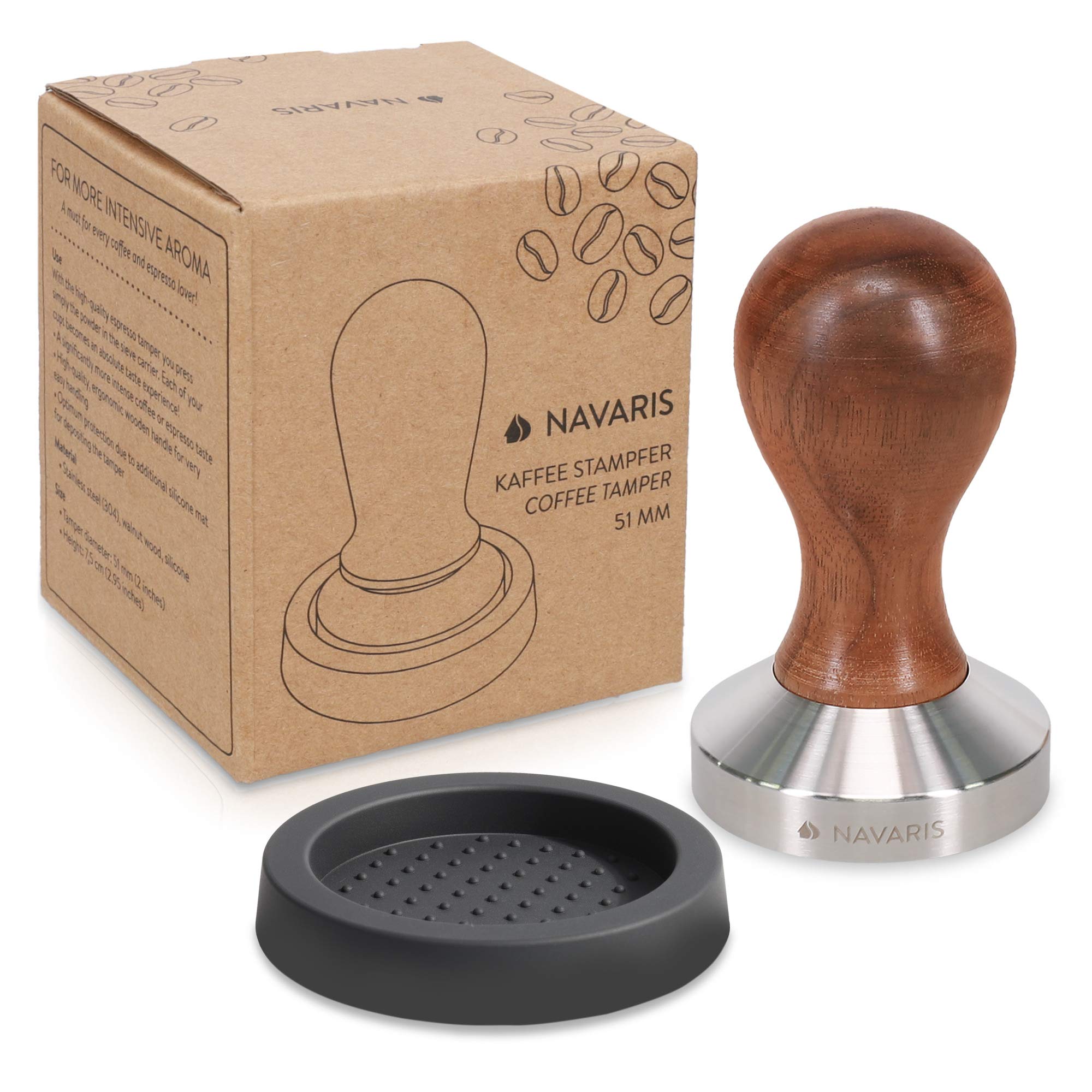 Navaris Coffee Tamper - Handheld Stainless Steel Espresso Press with Walnut Handle for Coffee Grounds - 2 inch (51 mm) Coffee Ground Compressor