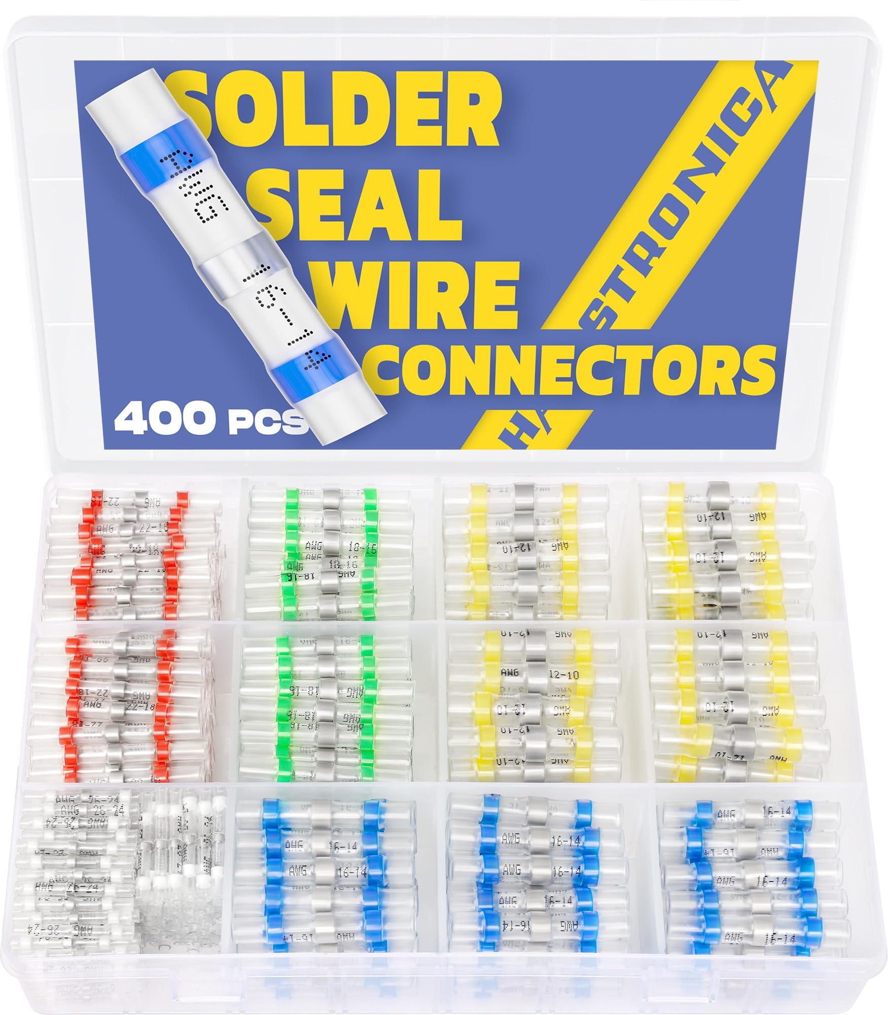 haisstronica 400PCS Solder Seal Wire Connectors Kit,26-10 Gauge Marine Grade Heat Shrink Wire Connectors,Waterproof Butt Connectors,Butt Splice Eletrical Wire Connectors Kit(5Colors/5Sizes)