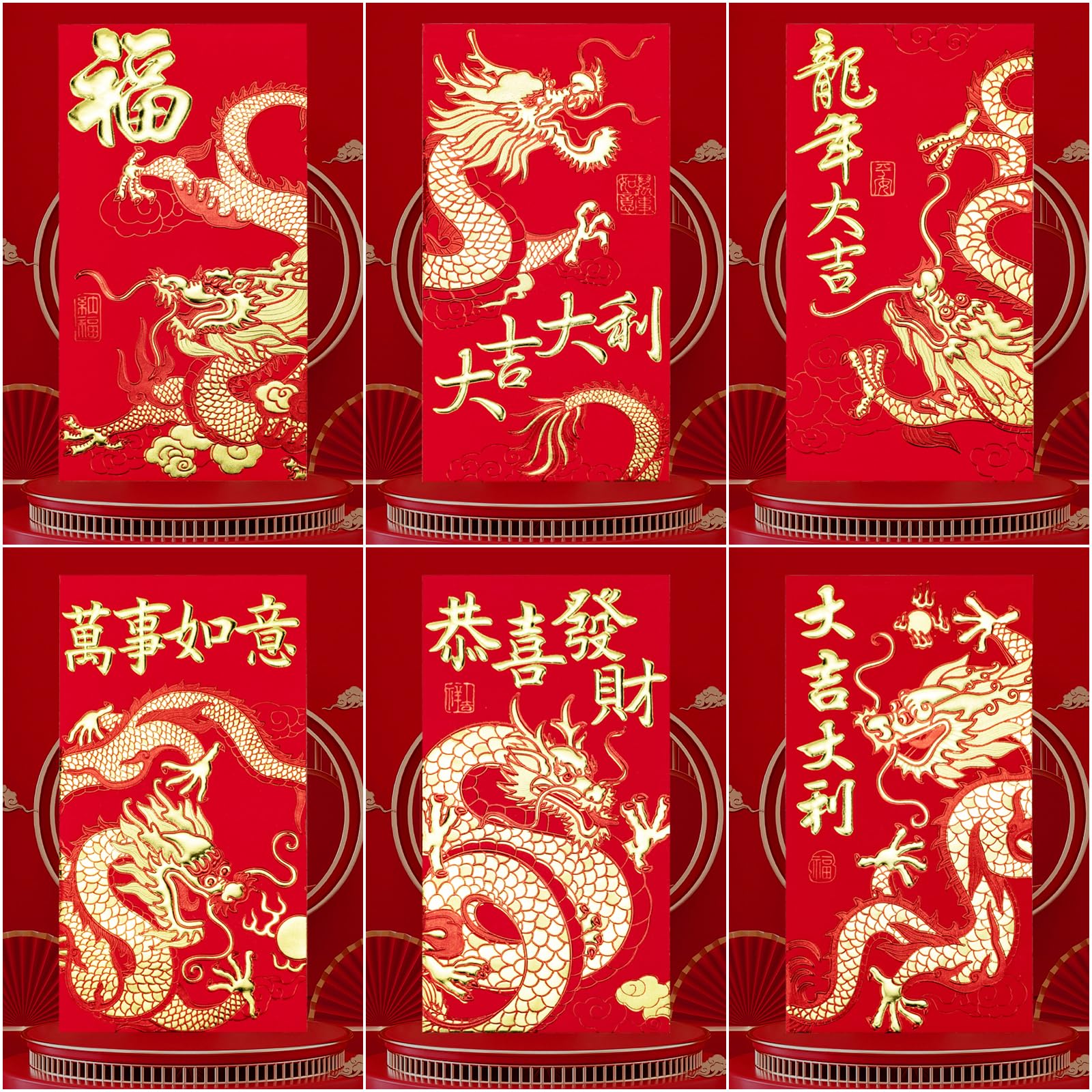 36PCs Chinese New Year Red Envelopes 2024 Chinese Money Envelopes Dragon Lucky Money Envelopes Red Pocket Envelopes Hong Bao for Lunar Year Spring Festival with 6 Different