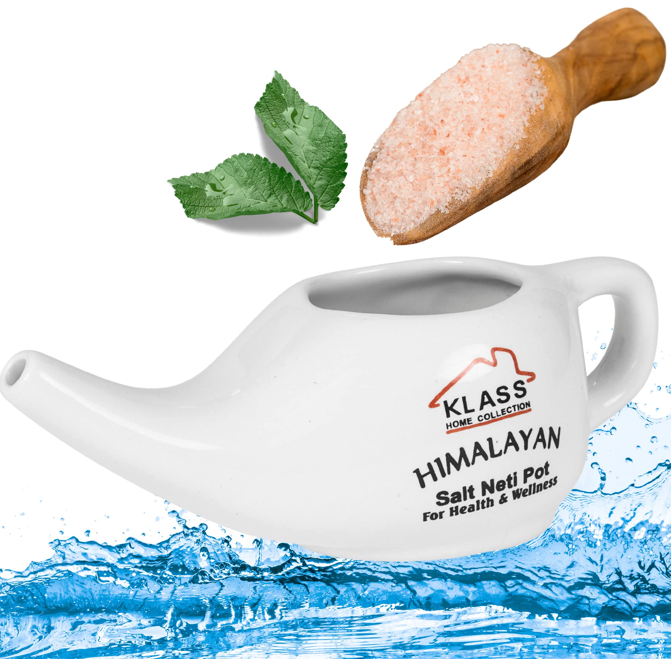 Klass Home Ceramic Neti Pot, Neti-Pot and Himalayan Neti Himaliyan Salt, Neti Pot Sinus Rinse for Nasal Flushing Detoxing Cleanser Sinus Relief Nasal Rinse Sinus Rinse Saline Solution Salt Pot