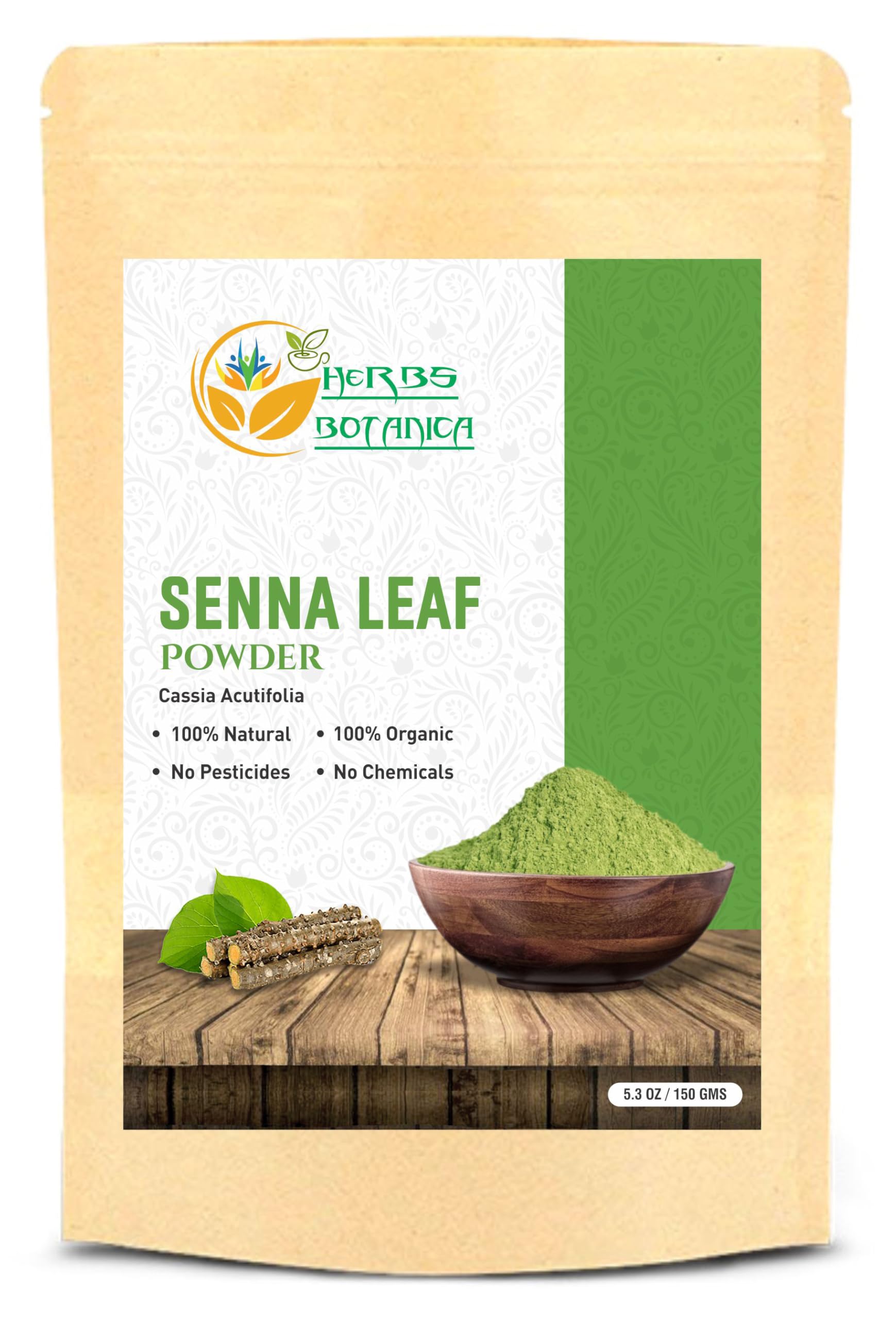 Herbs BotanicaOrganic Senna Leaf Powder | Cassia acutifolia | Helps Stomach Discomfort, Constipation Laxatives, Weight Loss 5.29 oz / 150 GMS