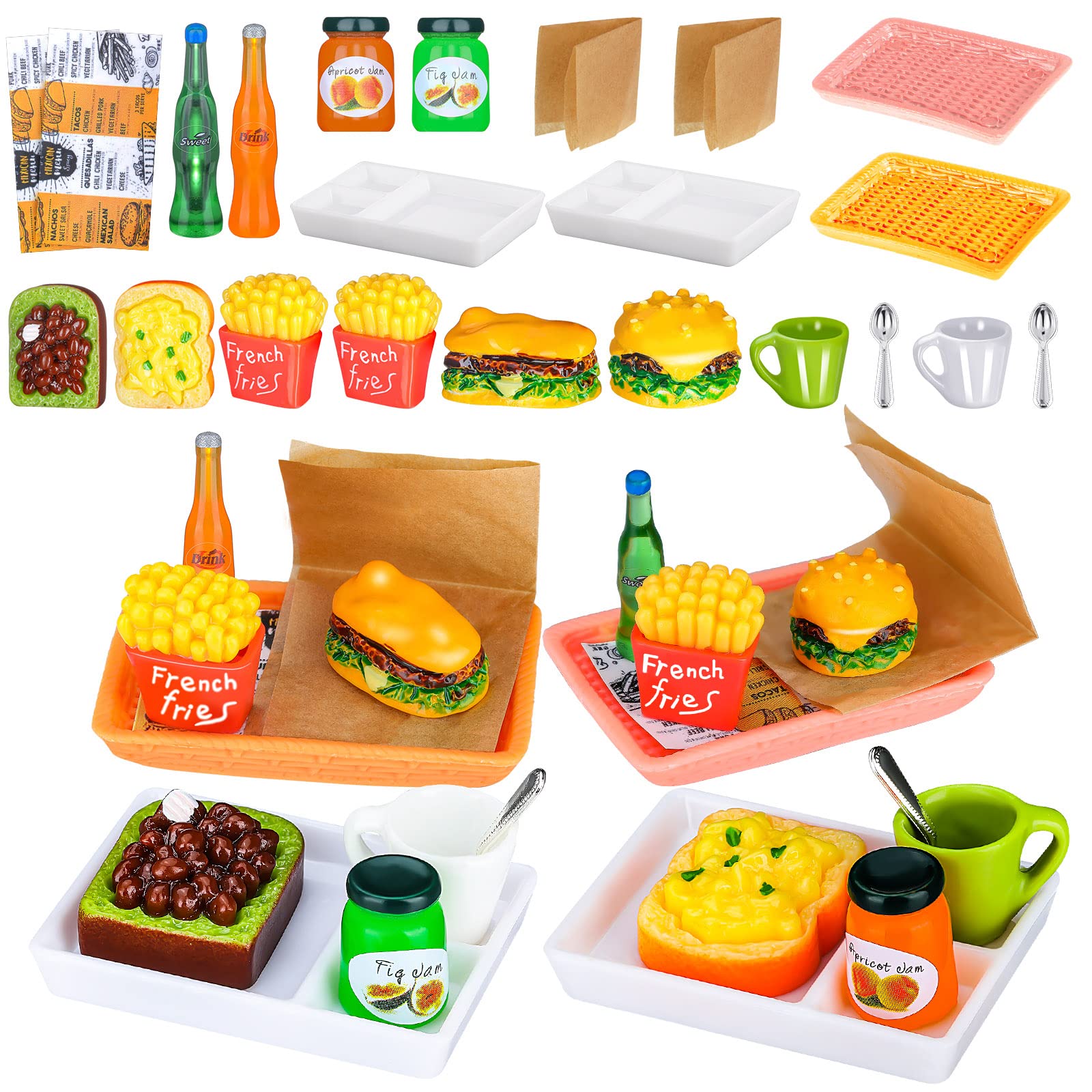 Miniature Tea Dollhouse Kitchen Accessories Set Mini Food for Dollhouse Snacks Resin Kitchen Accessories Juice Hamburger Milk Bread Jam Cup Egg Pretend Play Food Toys (Chic Style,22 Pieces)