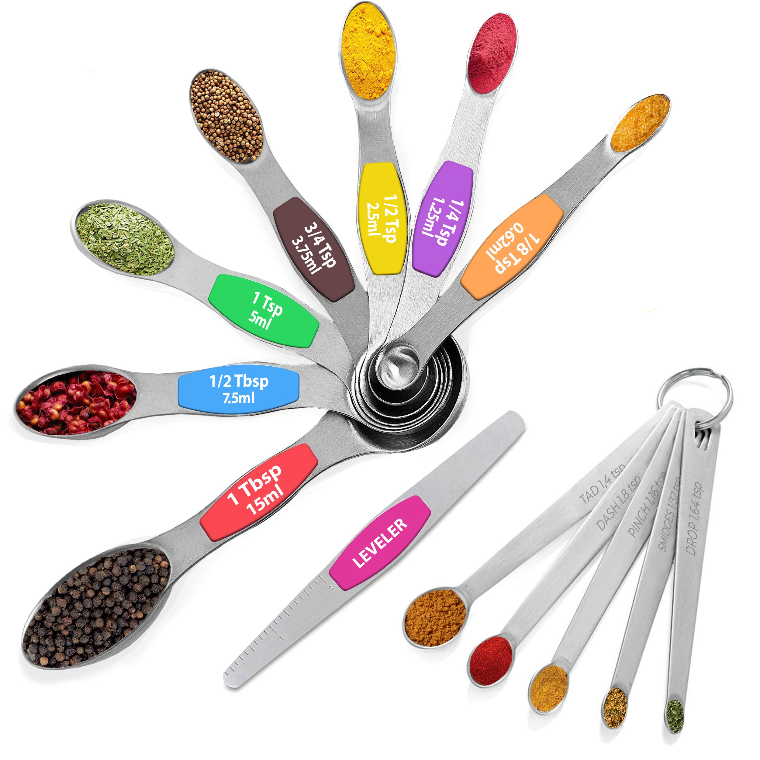 Magnetic Measuring Spoons Set of 8 - Dual Sided Stackable Magnetic Stainless Steel Measuring Spoons for Spices Liquids - Fits in Spice Jars - with Leveler