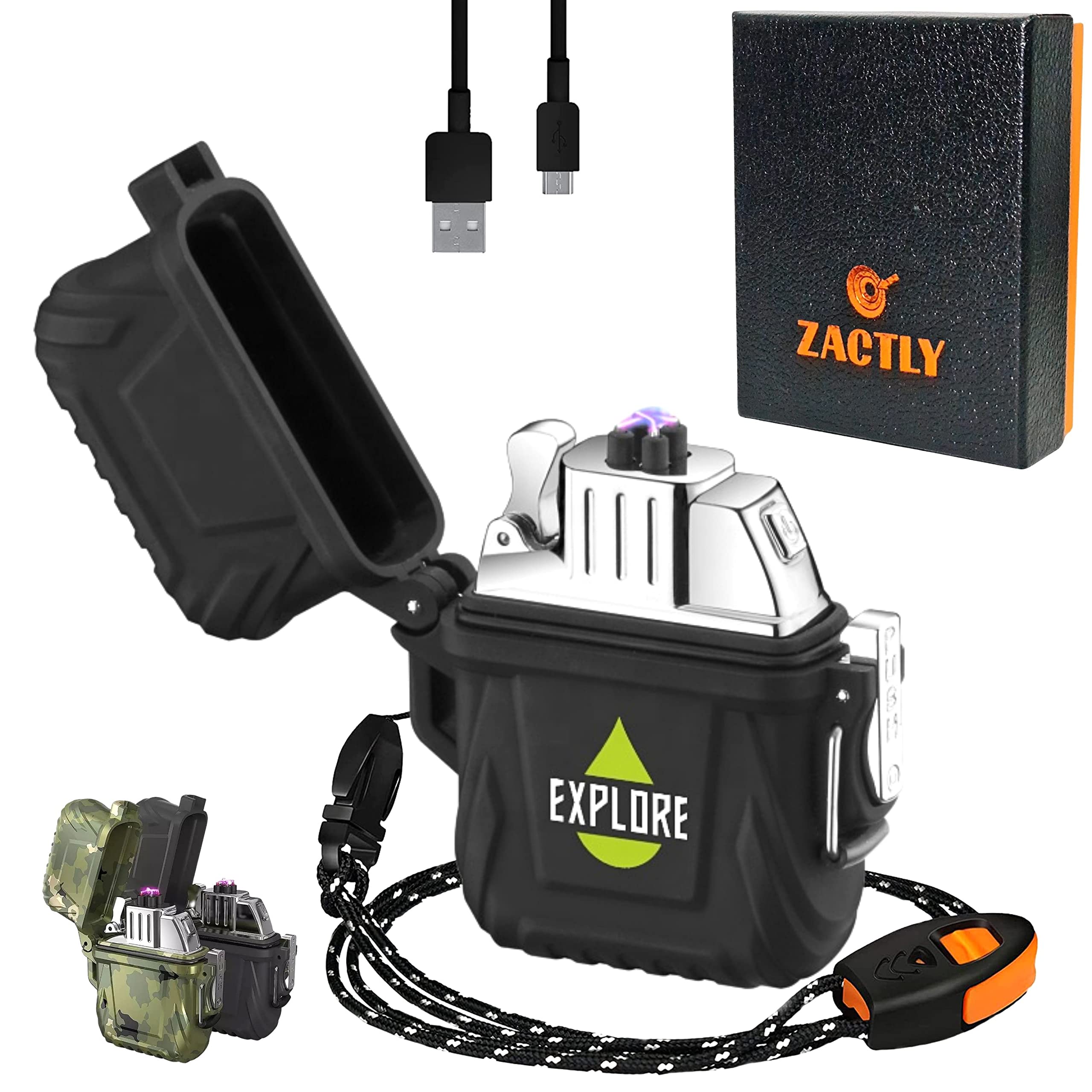 Zactly MODEL AL04 Electric Dual Arc USB Lighter Multifunction Waterproof Windproof Dustproof Rechargeable Flameless with Lanyard & Emergency Whistle, Kitchen, Camping & Outdoor Survival Tool (BLACK)