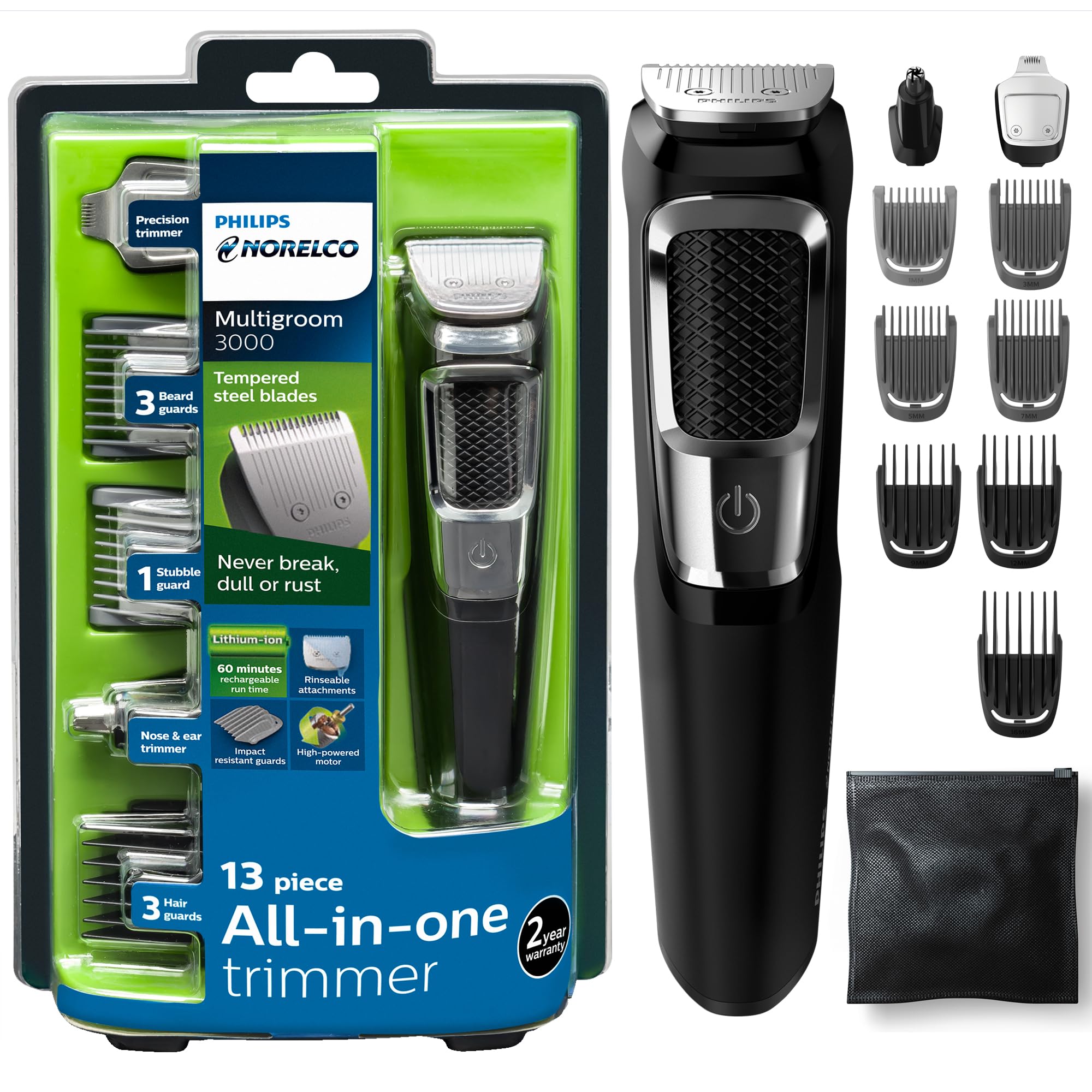 Philips NorelcoMultigroomer All-in-One Trimmer Series 3000, 13 Piece Mens Grooming Kit, for Beard, Face, Nose, and Ear Hair Trimmer and Hair Clipper, NO Blade Oil Needed, MG3750/60