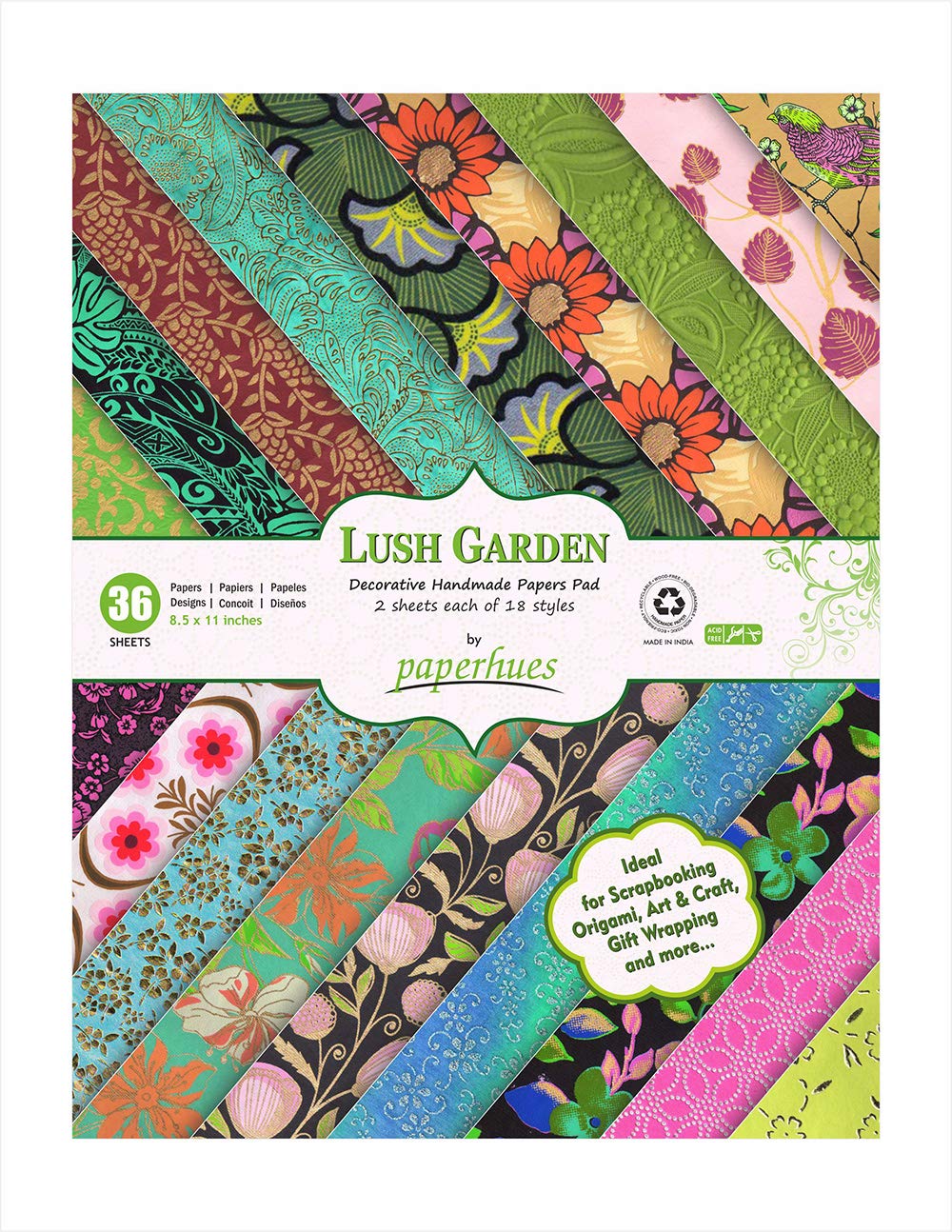 Lush Garden Handmade Scrapbook Paper 8.5 x 11" Pad, 36 Sheets (2 Sheets Each of 18 Styles)