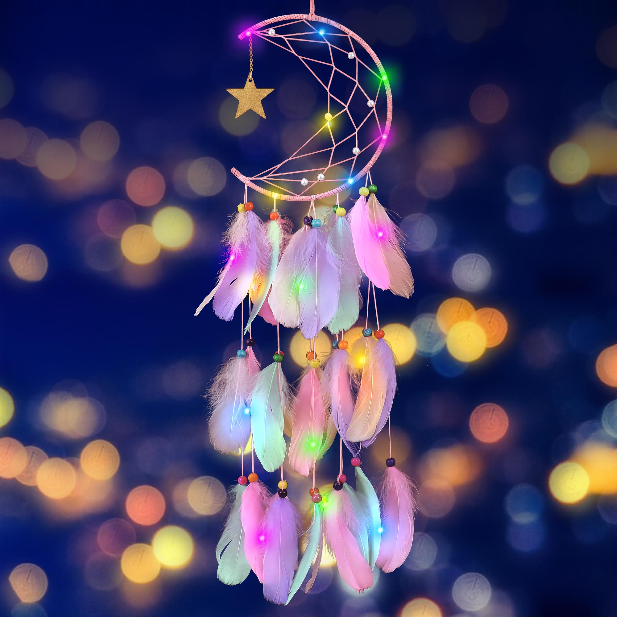 Upgraded Moon&Star Dream Catcher, LED Light Handmade Wall Hanging Dreamcatcher with Colourful Feather and Bead for Girls Kids Baby Shower Nursery Bedroom Birthday Wedding Gifts