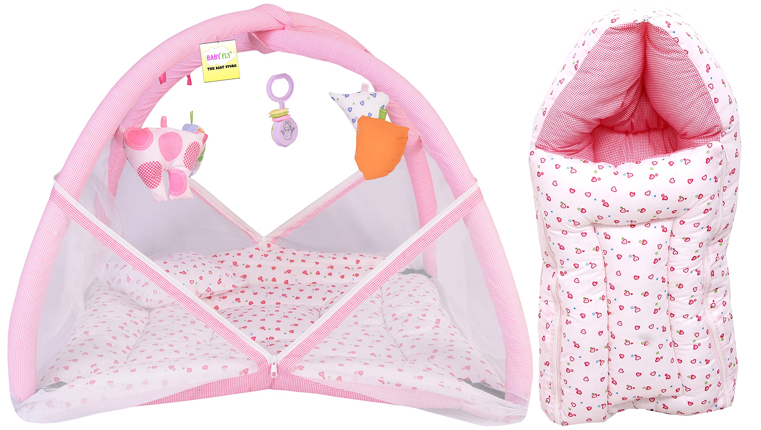 Toddylon Baby Bedding Set New Born Play Gym Mattress with Net & Sleeping Bag (0-6 Months) Pink