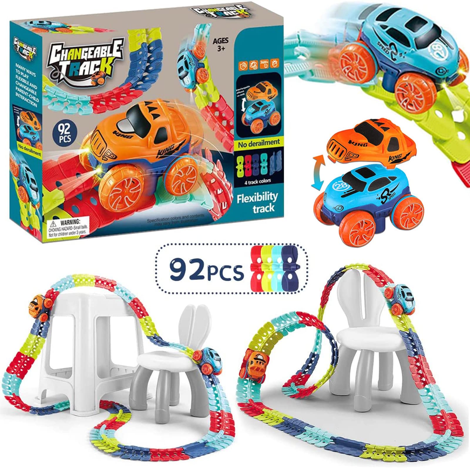 AM ANNA Race Tracks and LED Electric Anti-Gravity Race Car Toy-92Pcs Bendable Rainbow Race Track Set STEM Building Toys for 3 4 5 6 Year Old Boys Girls Best Car Toys