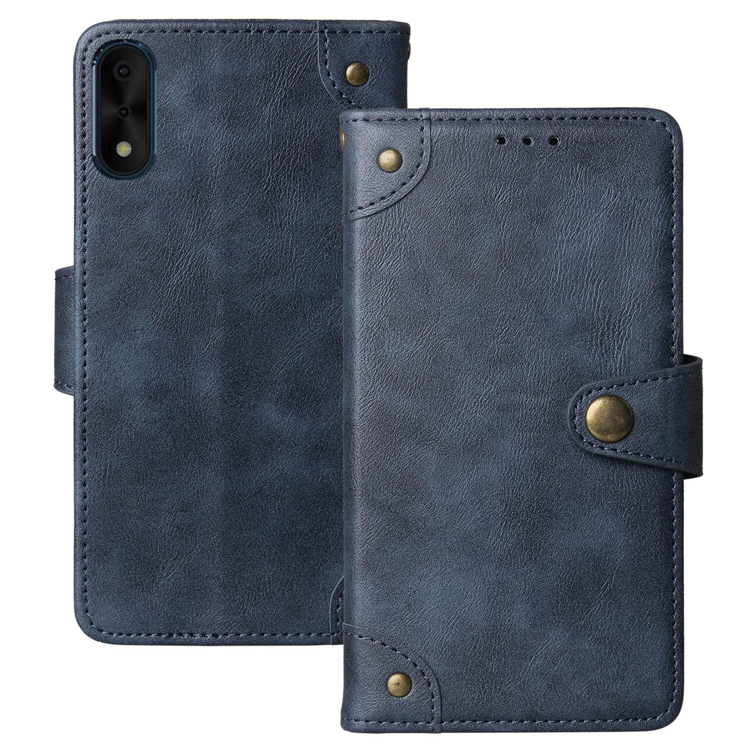 Dingshengk Blue Premium Retro Flip Genuine Real Leather Protector Case For IMO Q4 Pro 2021 5.5" Magnetic Card Slot Wallet Protective Bumper