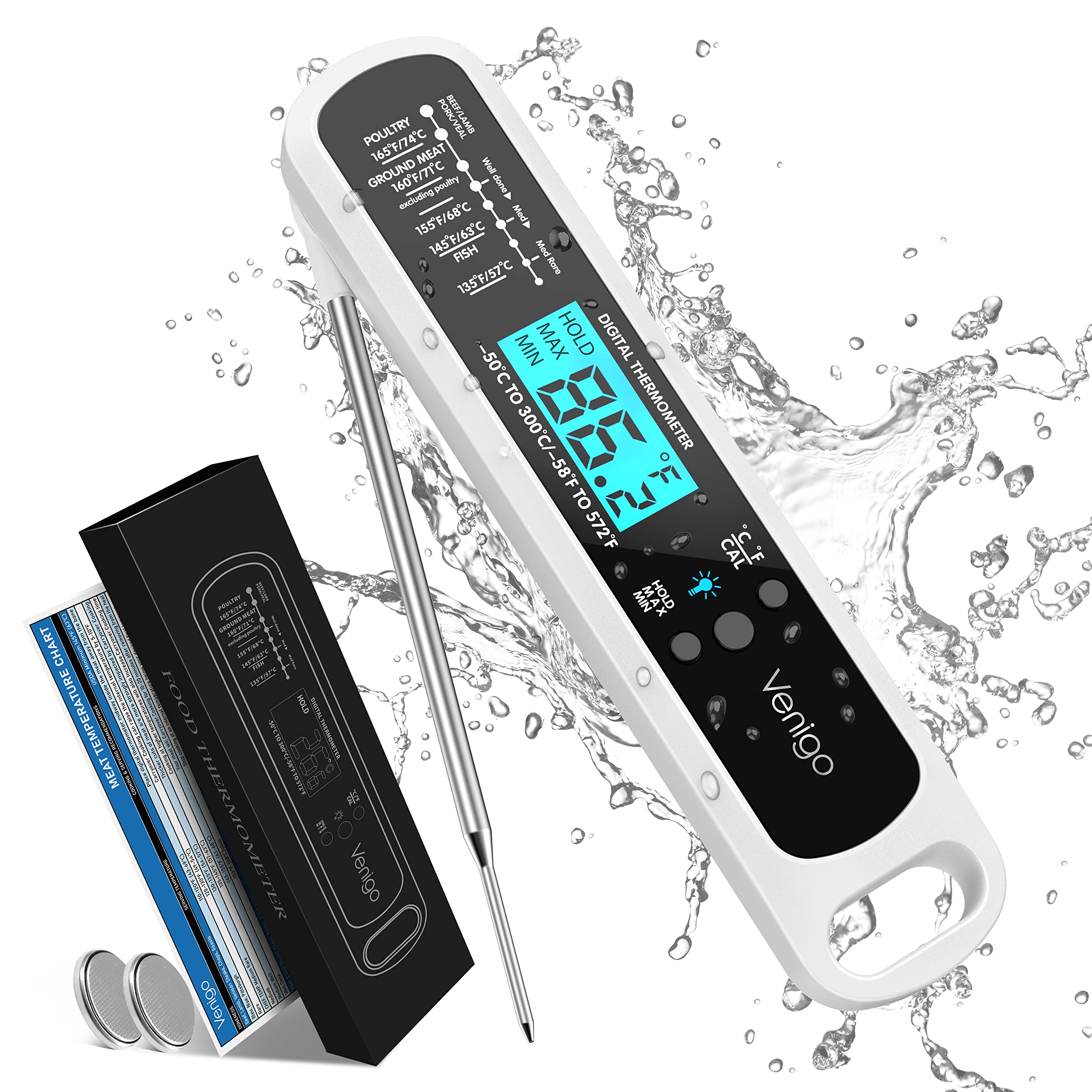 Venigo Digital Meat and Food Thermometer for Cooking and Grilling, Waterproof Instant-Read Cooking Thermometer, Kitchen Probe Thermometer for Baking, Roasting, Smoking, Deep Frying (White)