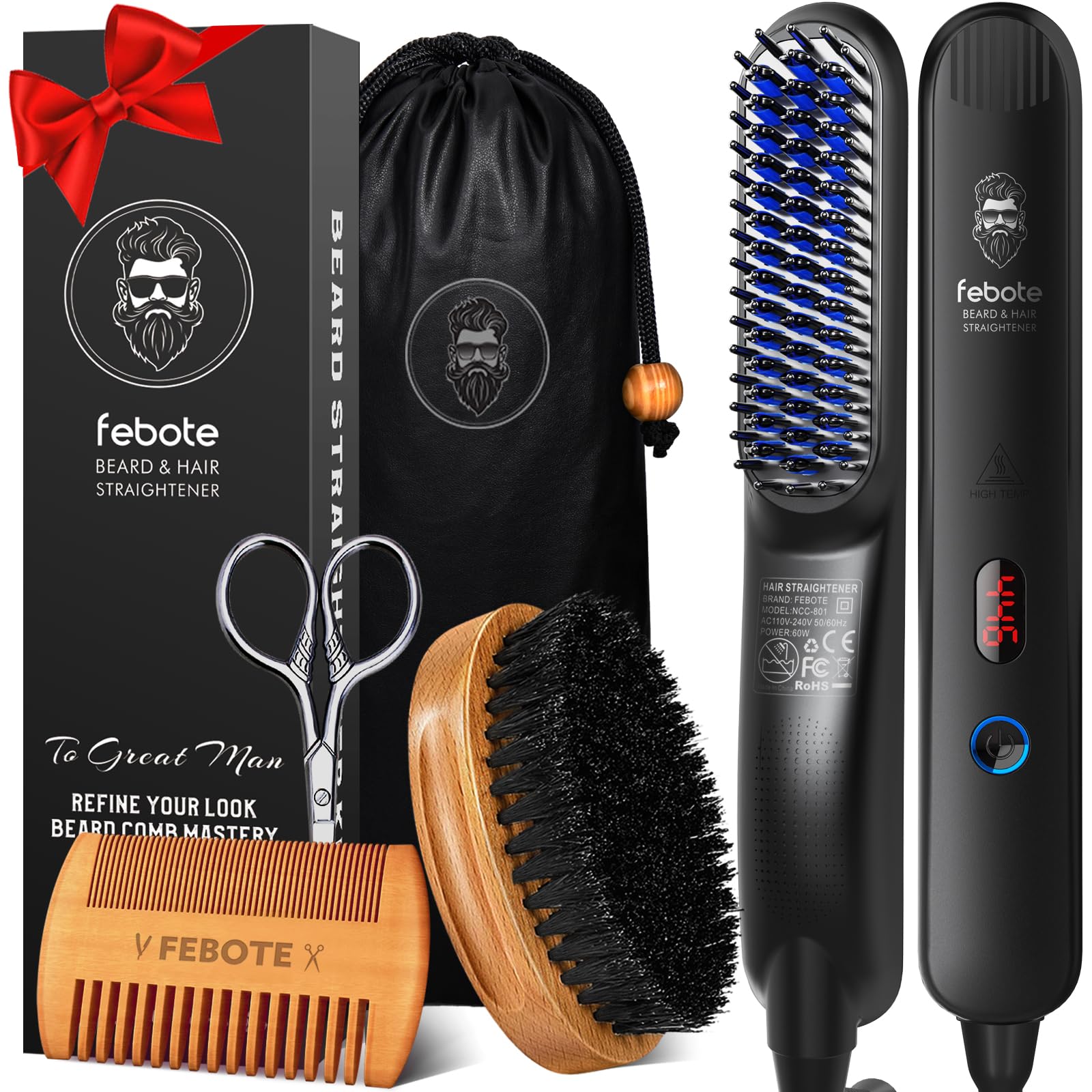 Innovation Beard&Hair Straightener for Men w/Natural Boar Bristle Brush, Pear Wood Comb, Mustache Scissors and Travel Bag, Professional Beard Care Set for Him, Men's Fashion and Grooming Gifts