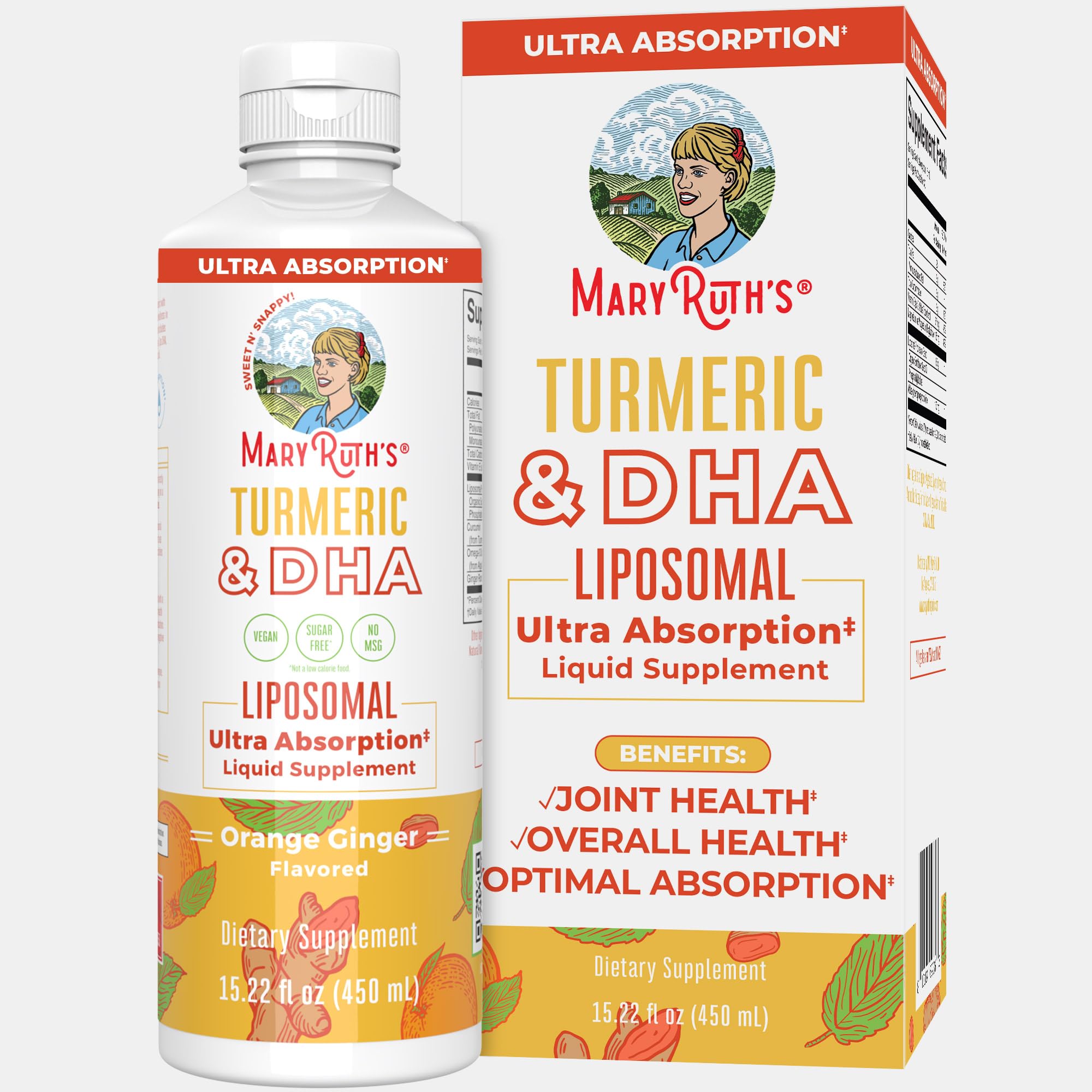 MaryRuth's | Liposomal Turmeric & DHA | Curcumin | Ginger Root Oil | Algal DHA & Vitamin E | Cognitive Function | Mood Support | Joint Health | Liquid Supplement | 15.22 oz