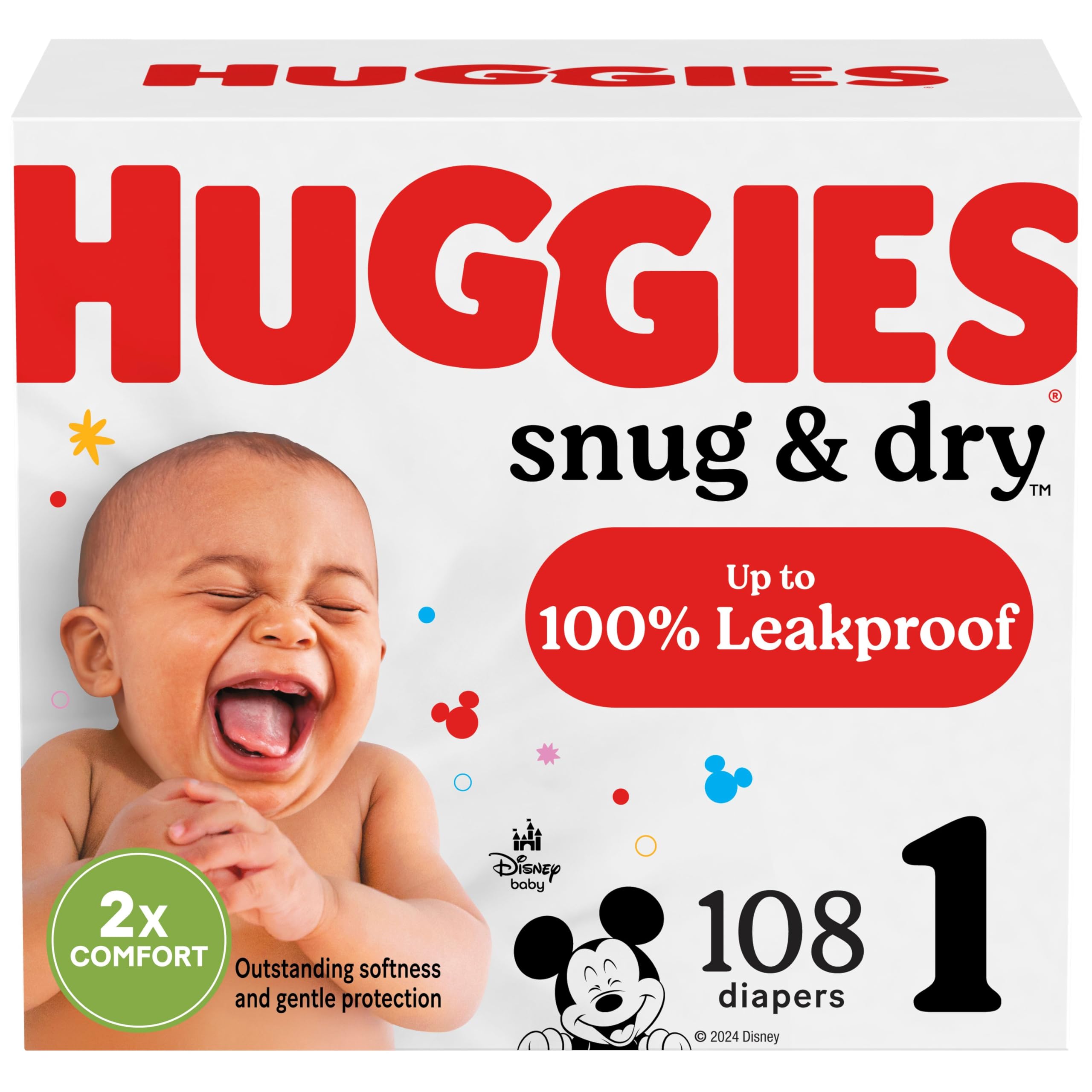 Huggies Size 1 Diapers, Snug & Dry Newborn Diapers, Size 1 (8-14 lbs), 108 Count, Packaging May Vary